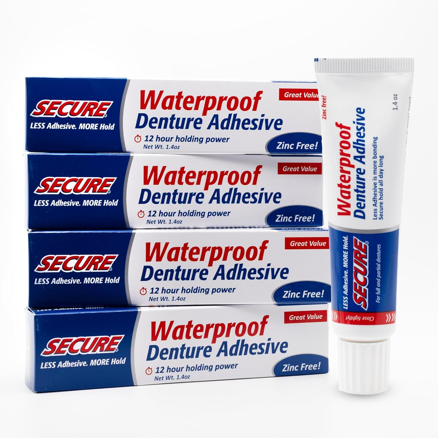 Secure Waterproof Denture Adhesive - Zinc Free - Extra Strong 12 Hour Hold - 1.4 oz (Pack of 4)