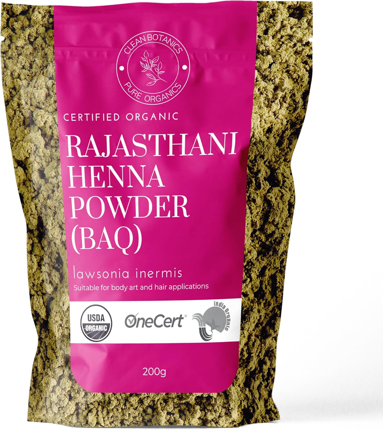 Clean Organics 200g Organic Certified Rajasthani Henna Powder 100% Pure Mendhi Natural Hair Colour Dye Triple Sifted BAQ