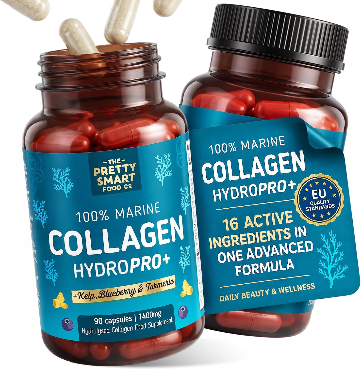 Marine Collagen Supplements For Women - with Hyaluronic Acid, Biotin, Blueberry & Vitamins - 1400MG - Pure Hydrolyzed Peptides - 45 Day Supply - 90 Capsules (not tablets) - UK Made - Pretty Smart Food