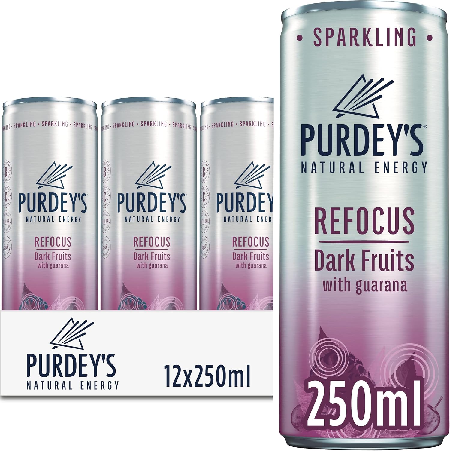 Purdey's Natural Energy Refocus Dark Fruits with Guarana, 250 ml (Pack of 12)