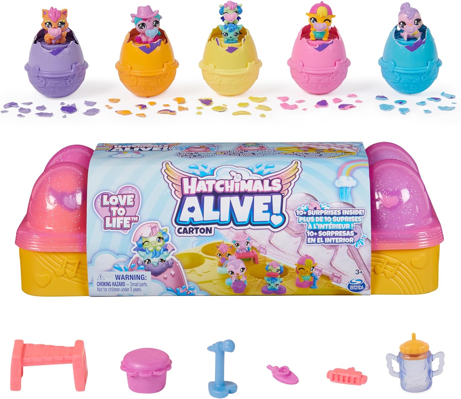 Hatchimals Alive, Pink & Yellow Egg Carton Toy with 6 Mini Figures in Self-Hatching Eggs, 11 Accessories, Kids Toys for Girls and Boys Ages 3 and up