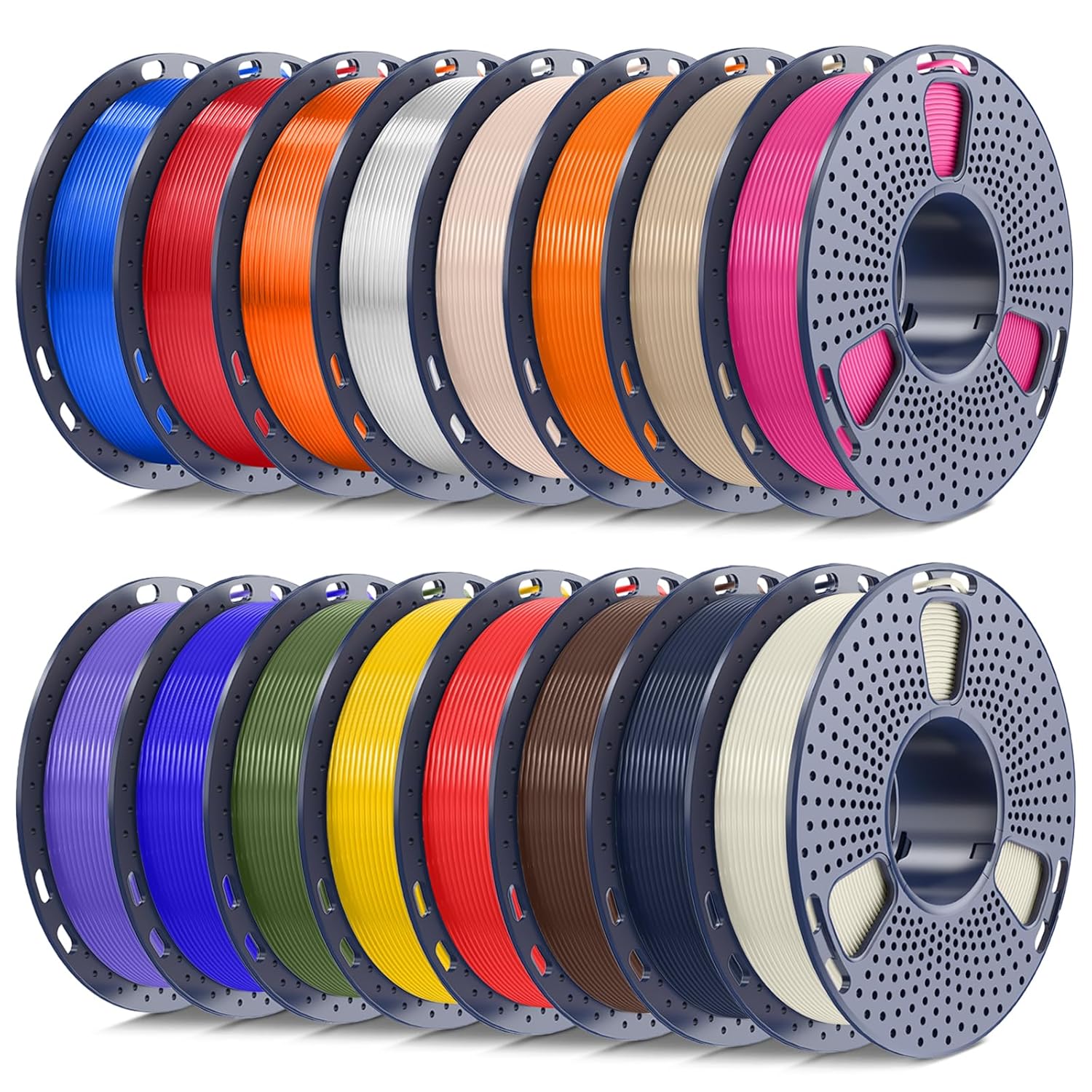 SUNLU PLA+2.0 Filament 1.75mm Bundle, 250g Spool, 16 Rolls, BoneWhite+Midnight+CoffeeBrown+Red+Yellow+OliveGreen+Blue+Orange+Purple+Magenta+Oak+Beige+Transparent Series-Clear+Orange+Red+Blue