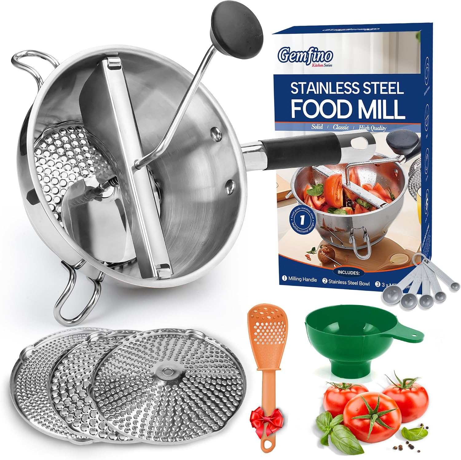 Stainless Steel Food Mills With 3 Milling Discs,Ergonomic design Of Rotary Food Mills For Tomato Sauce,Potatoes,Jams with Silicone Handle Dishwasher Safe, Multifunctional Spoon,Orange