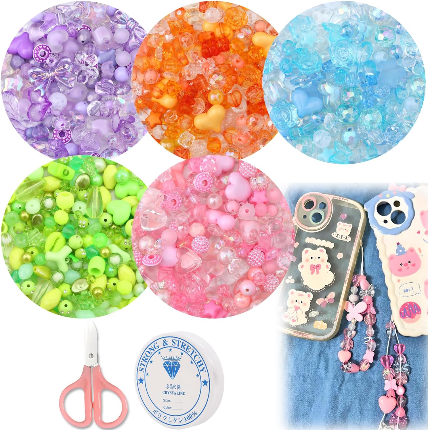 MaehSab 270-300 Pcs Cute Assorted Acrylic Kawaii Beads for Jewelry Making - Flower Bowknot Beads Bulk for DIY Bracelets, Necklaces, Phone Lanyard Chains
