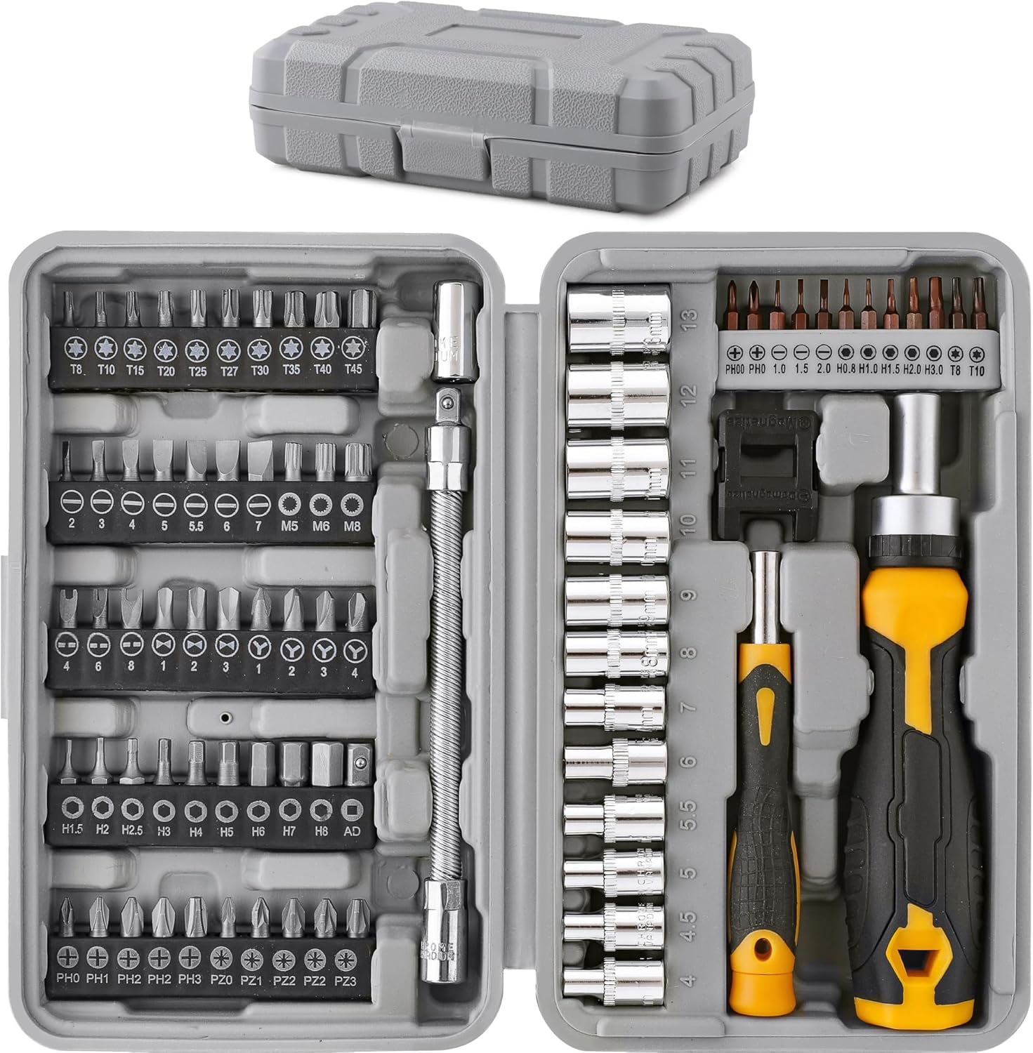 Hi-Spec 79pc Multi Screwdriver Bit Set and 1/4 inch Socket Set with Handles. Flexible Extension, Precision, Torx and Tamperproof 1/4 inch Hex Screwdriving Bit Accessories in a Case