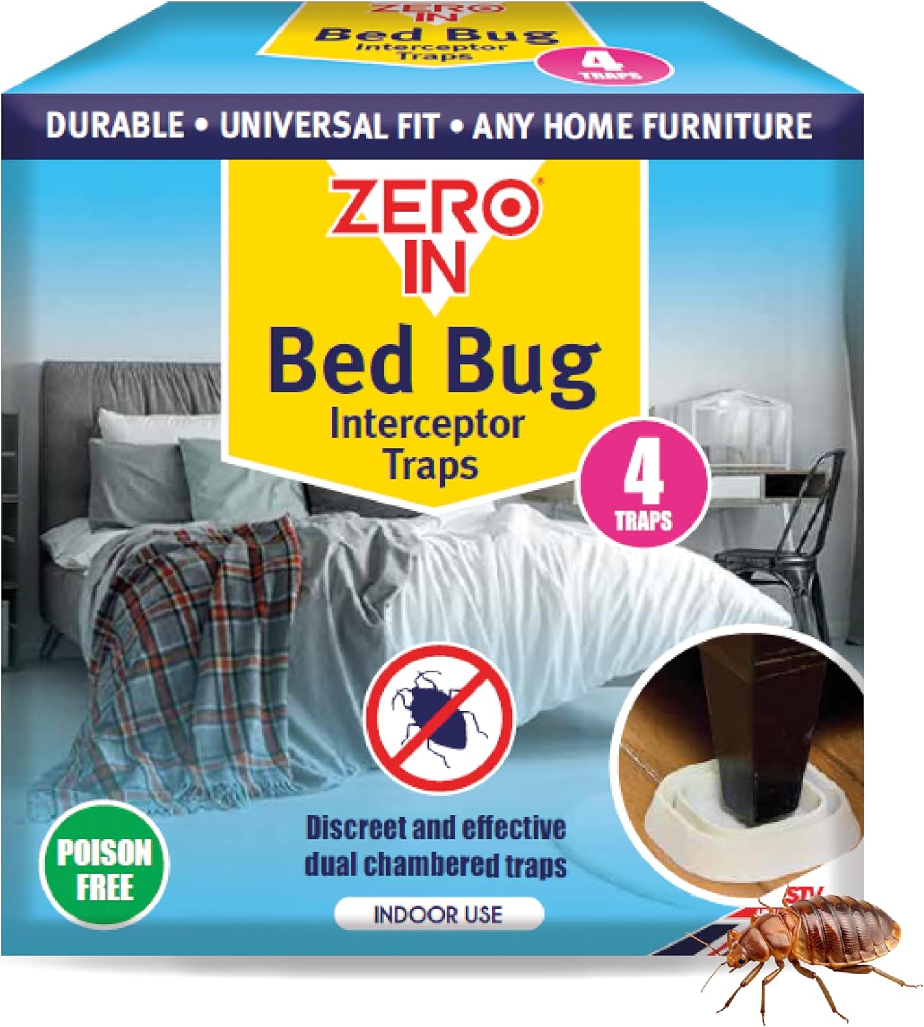 Zero In® Bed Bug Interceptor Traps – 4 Pack, Chemical-Free Bed Bug Traps for Early Detection & Home Protection, Poison-Free, Sustainable