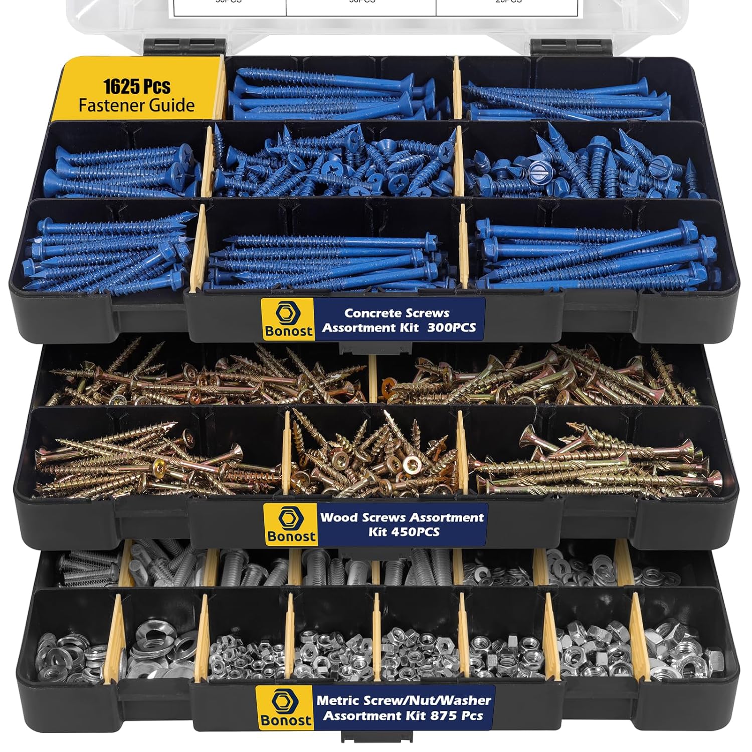 Hardware Concrete Assortment Kit 1625 Pcs- Concrete Screw Set with Assorted Nuts, Bolts, and Wood Screw (3 Trays)