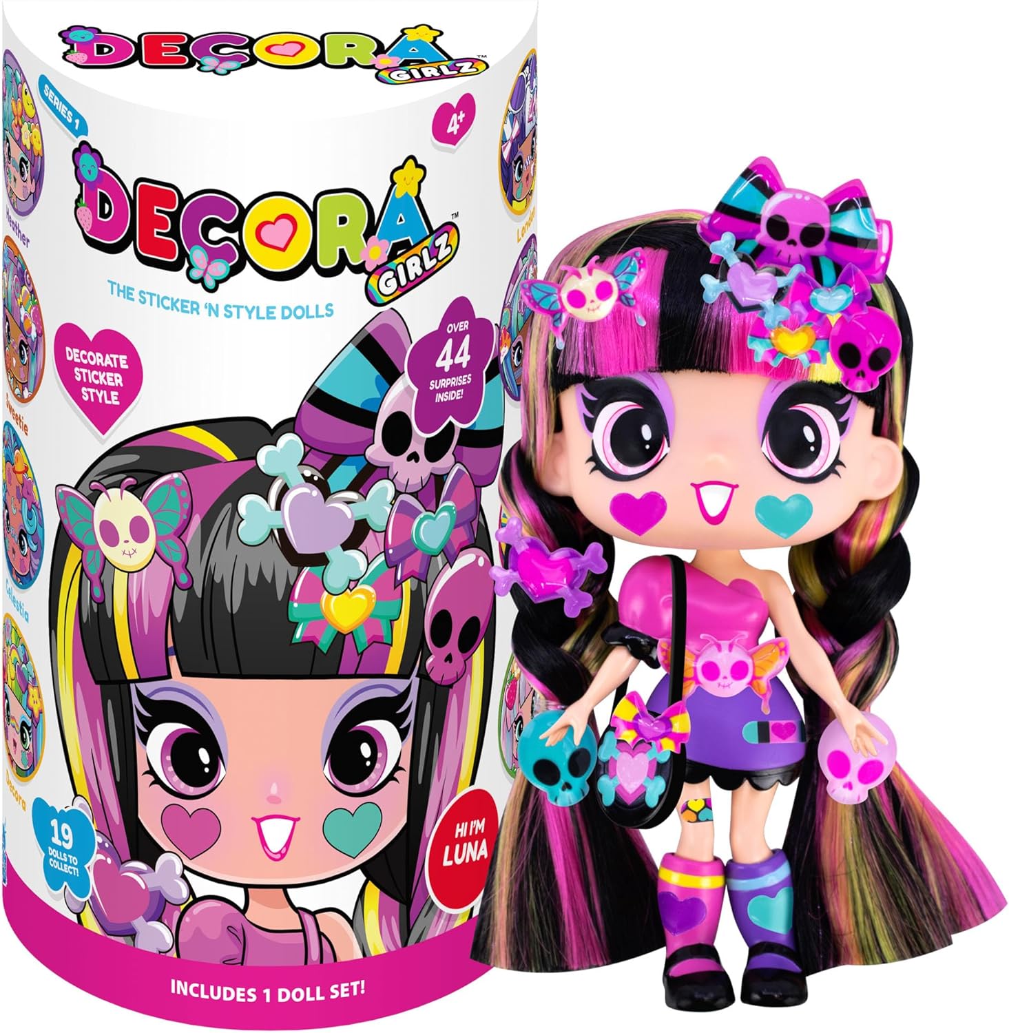 John Adams Decora Girlz | 5" LUNA Sticker 'n' Style Fashion Doll | Luna features 44 colourful accessories including dress, shoes, bag, comb, sticker sheets | Dolls & Accessories | Ages 4+