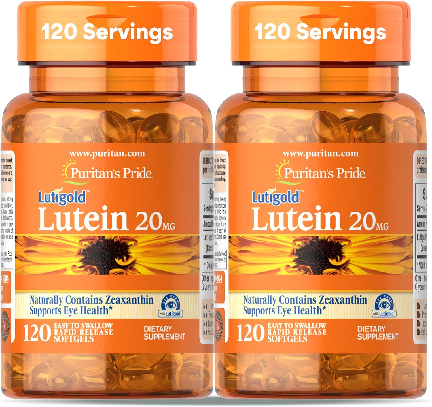 Puritan's Pride Premium Lutigold Lutein Carotenoid 20mg with Zeaxanthin for Men and Women, Dietary Supplement for Eye Health Support, 8 Month Supply, 120 Easy-to-Swallow Softgels, 2 Pack