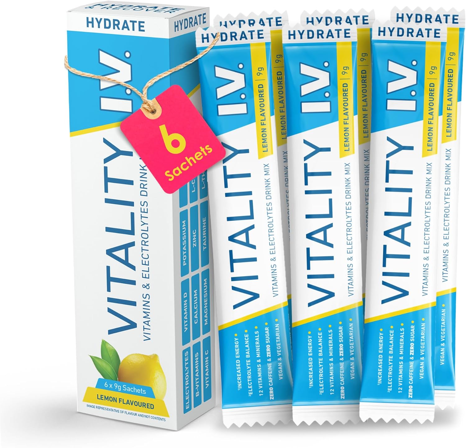 Vitality IV Hydration Drink Mix Lemon Flavor | 6 x 9g Electrolytes Sachets | Zero Sugar, Zero Caffeine | Vegan-Friendly Energy & Hydration Booster | 12 Vitamins & Minerals