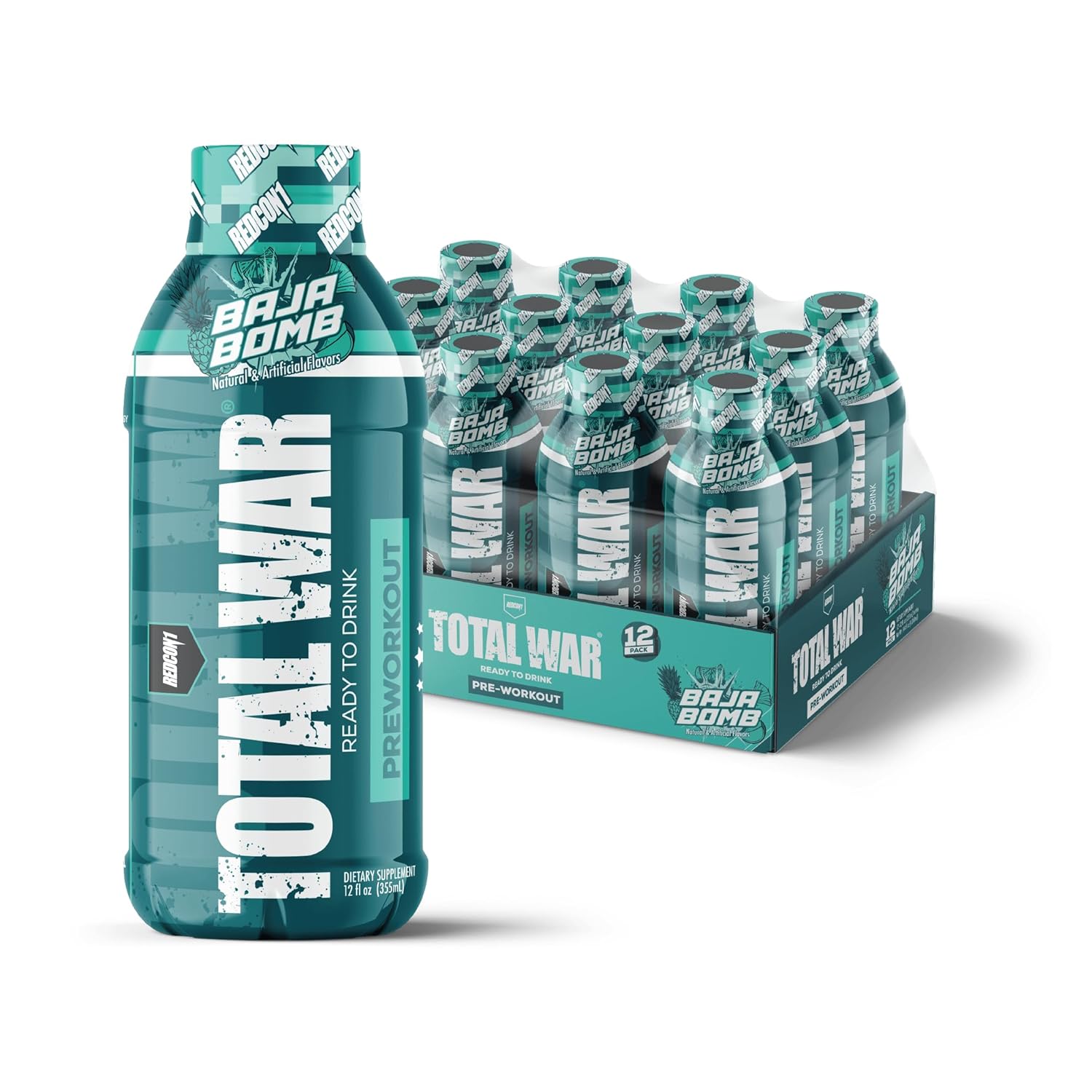 REDCON1 Total War Ready to Drink Preworkout, Baja Bomb - 350mg of Fast Acting RTD Caffeine - Beta Alanine + Citrulline Malate for Increased Pump (12 Servings)