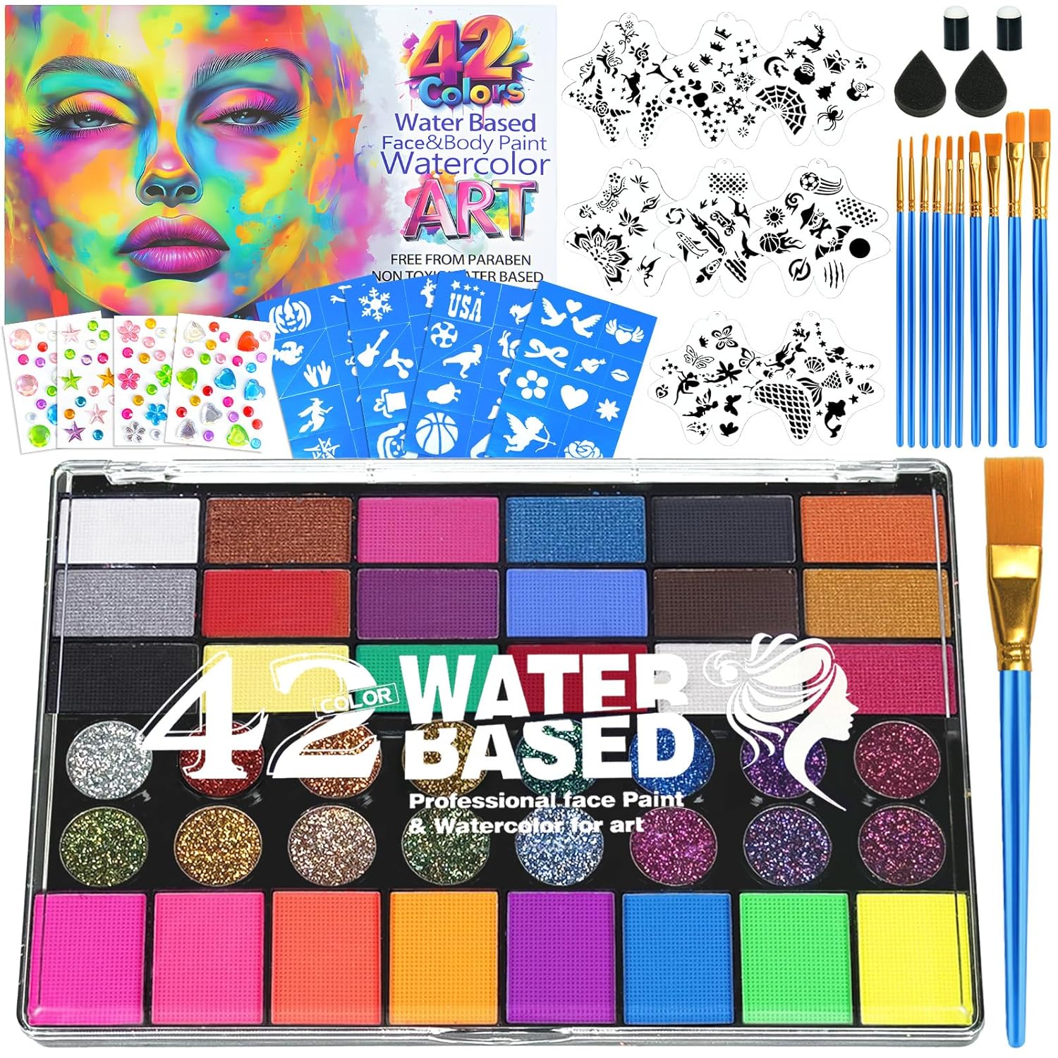 Professional Face Painting Kit for Kids – 42 Color Water Activated Facepaint Makeup Kit, Non-Toxic face Paint with Stencils, Gems, Brushes– for Halloween, Parties, Carnival, School Event & Festivals