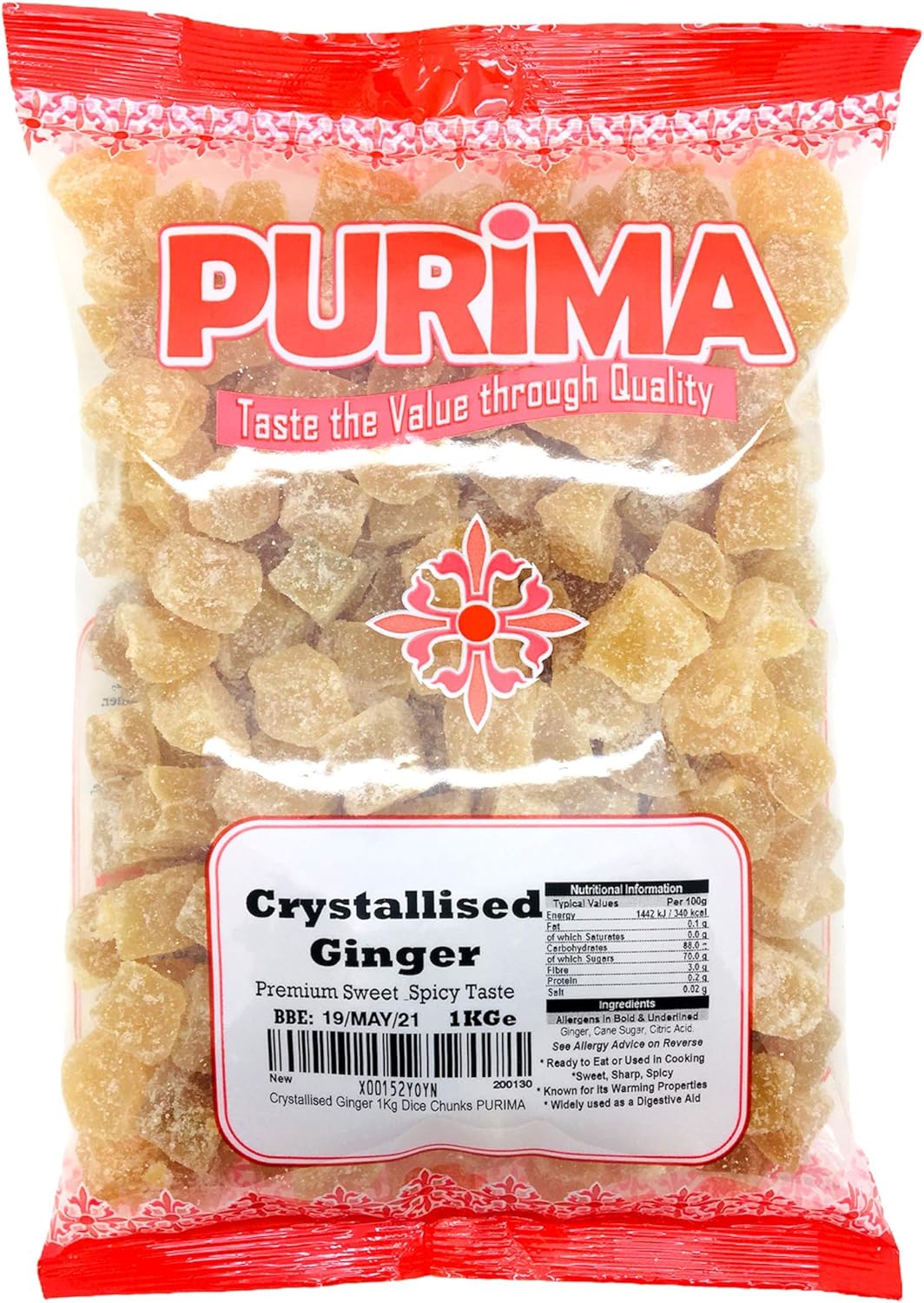 Crystallised Ginger 1kg - Crystalised Stem Ginger Root Chunks Dice Cubes Crystallized PURIMA