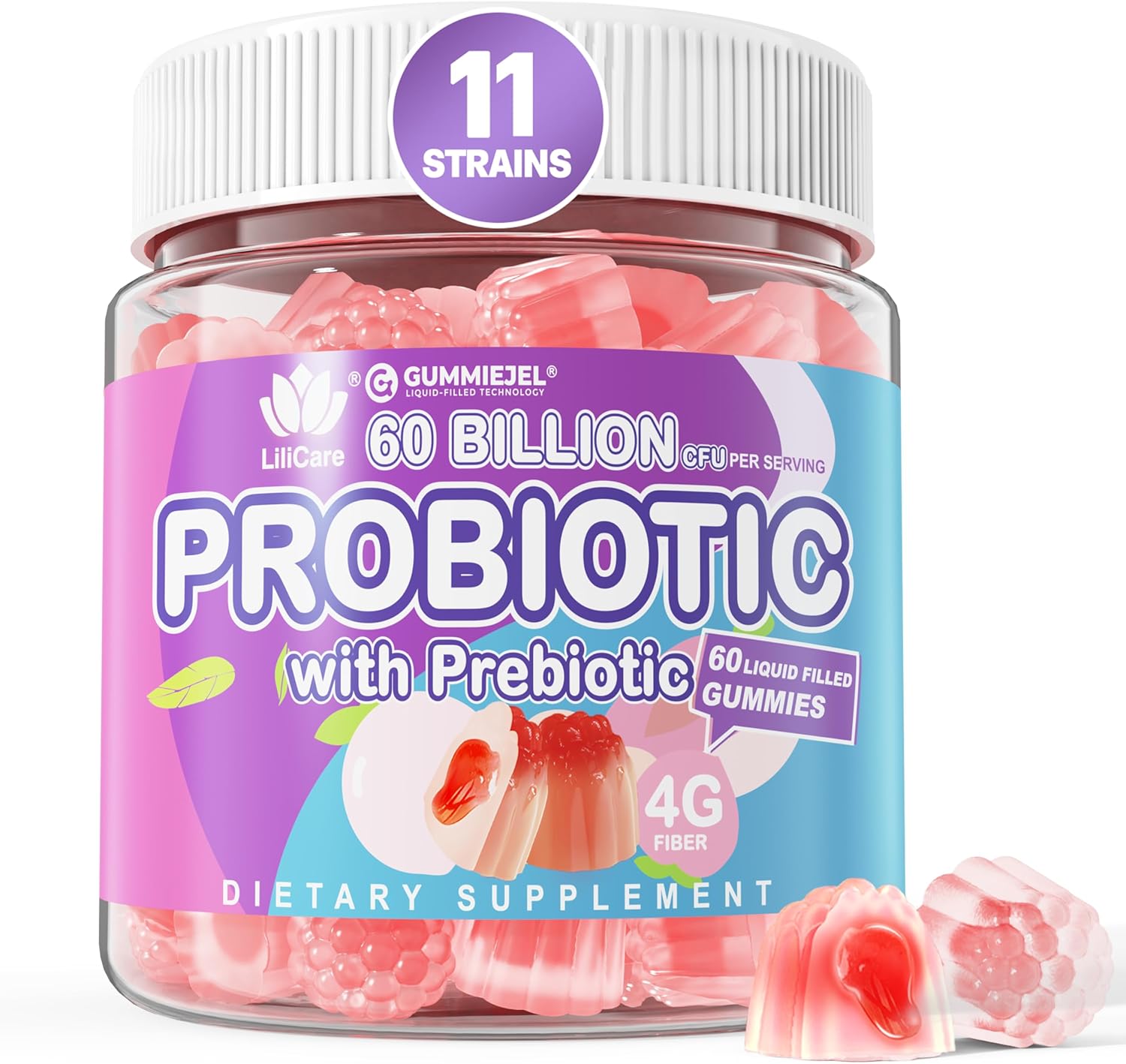 Sugar Free Probiotic Gummies 60 Billion CFU 11 Strains with Prebiotics Fiber, Probiotics Filled Gummies for Women Men Digestive Health, Peach Flavor, Supports Constipation, Diarrhea, Gas & Bloating