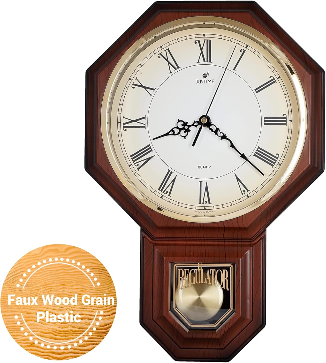 JUSTIME Traditional Schoolhouse Pendulum Wall Clock Chimes Hourly with Westminster Melody Made in Taiwan, 4AA Batteries Included (PP0258-RDW Dark Wood Grain)