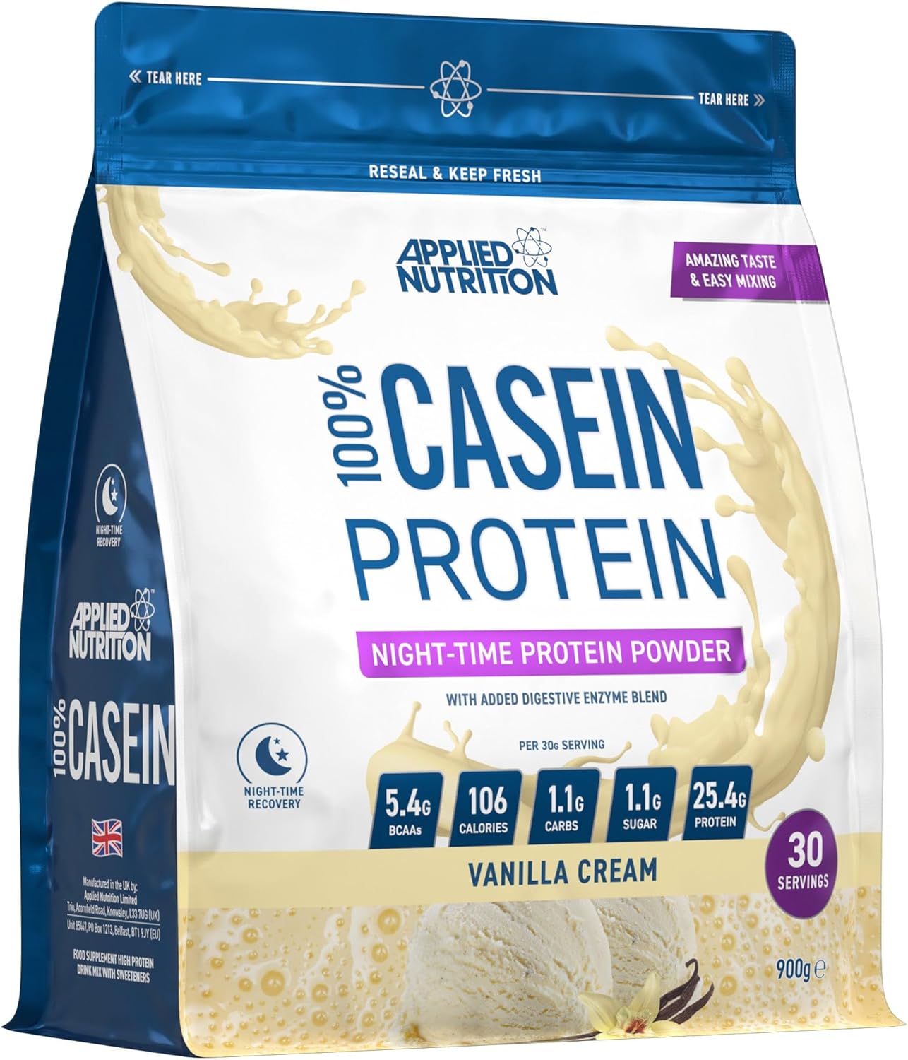Applied Nutrition Casein Protein Powder - Micellar Casein Supplement, Slow Release Protein (900g - 30 Servings) (Vanilla Cream)