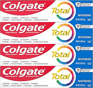 Colgate Total Whitening Toothpaste Gel, 10 Benefits, No Trade-Offs, Freshens Breath, Whitens Teeth and Provides Sensitivity Relief, Mint Flavor, 4 Pack, 5.1 Oz Tubes
