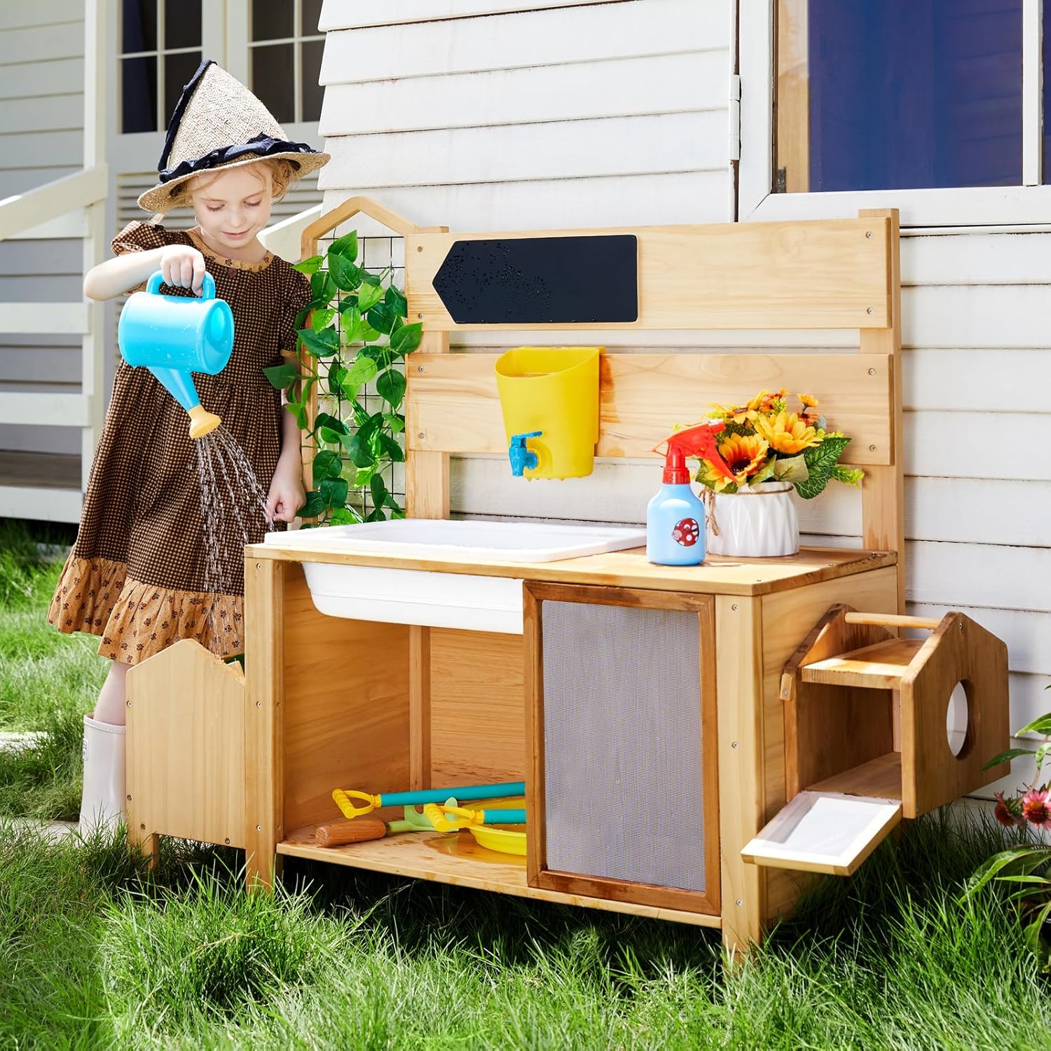 7 in 1 Outdoor Mud Kitchen, Kids Potting Bench Wooden Potting Table with Raised Garden Bed, Storage Space, Bug Catcher, Sink and Chalk Board, for Kids 3+