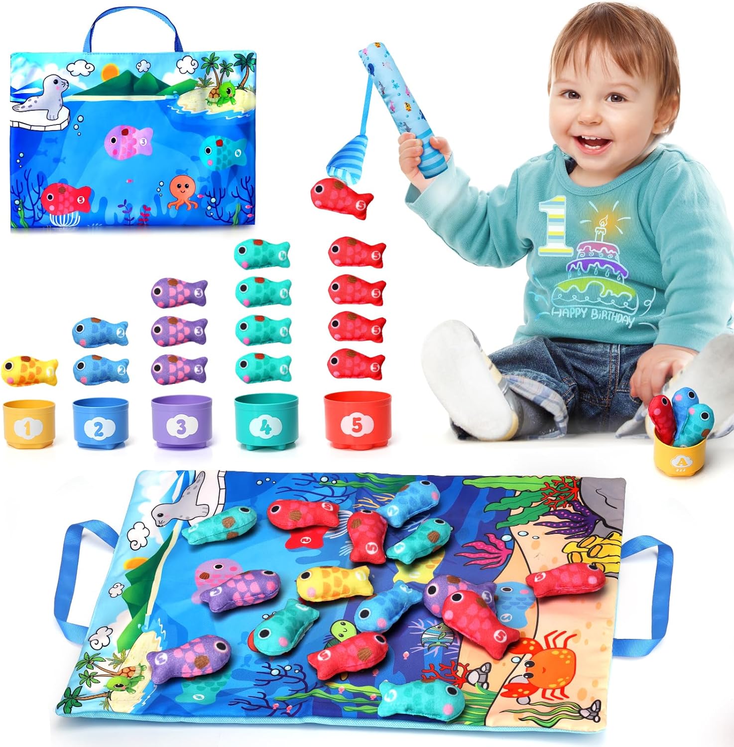 Baby Toys for 1 2 3 Year Old Boys Girls, Montessori Fish Toys for Children 1-2-3 Year Old Girl Boy Gifts Educational Baby Toy 6 to 12 Months Stacking Cups Gifts for 1 2 Year Old Fishing Game Presents