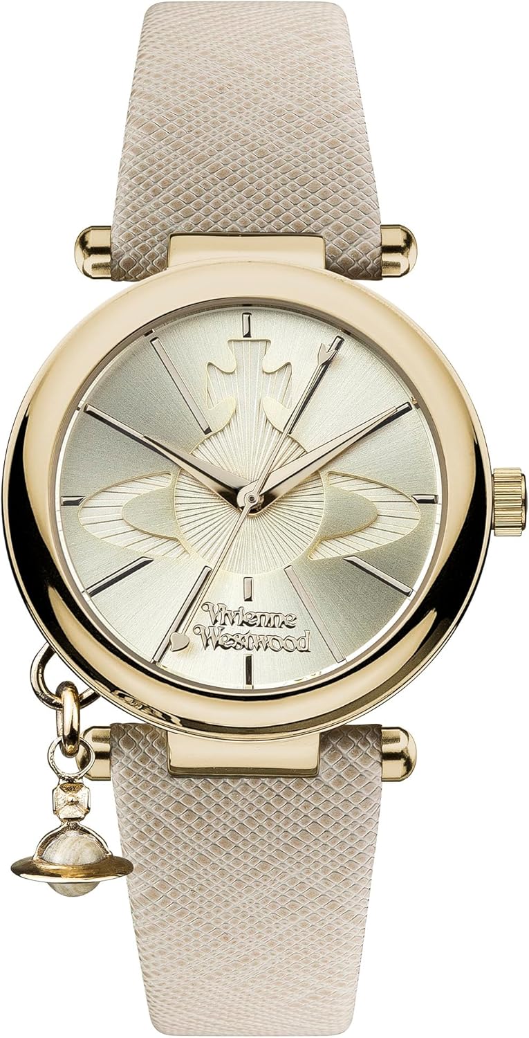 Vivienne Westwood Women's Orb Pop Quartz Analogue Display Watch with Gold Dial and Cream Leather Strap VV006GDCM