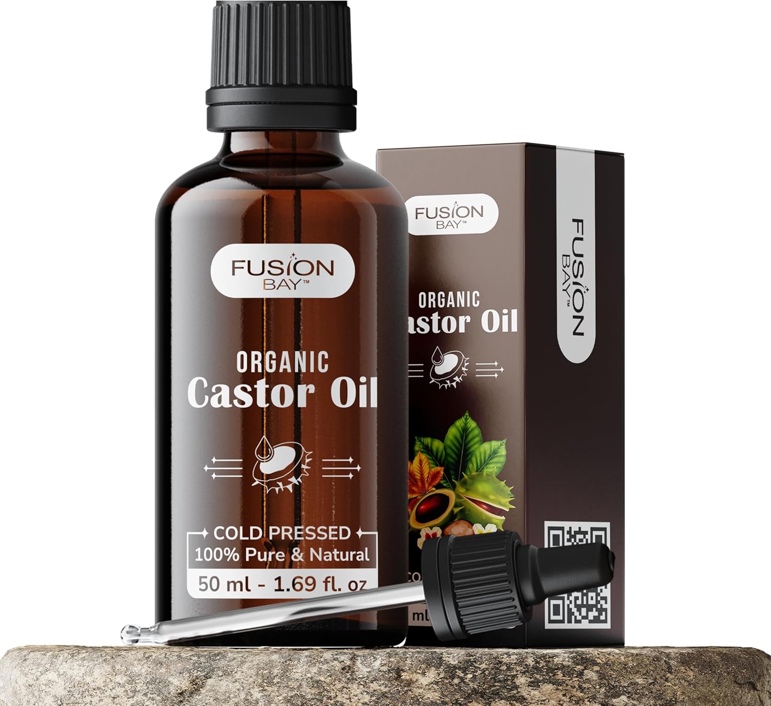 Fusion Bay Organic Castor Oil Cold Pressed – 100% Pure & Natural – Perfect for Skin, Hair, Beard, Eyelashes, Eyebrows & Nails in a premium glass bottle with a pipette. (50 ml)