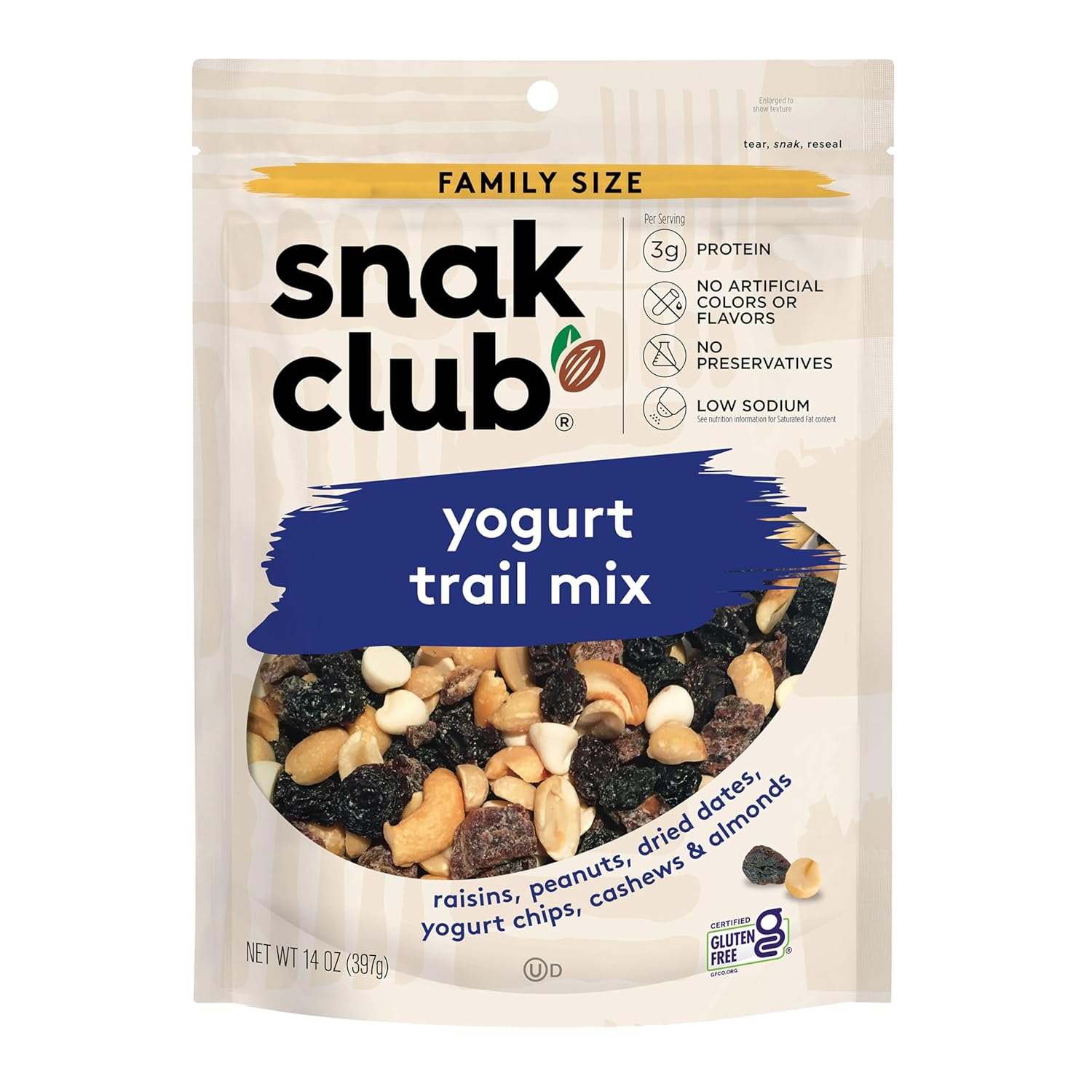 Snak Club Yogurt Trail Mix with Raisins, Peanuts, Dried Dates, Yogurt Chips, Cashews, and Almonds, Gluten-Free and Kosher Snack, 14 oz Resealable Bag