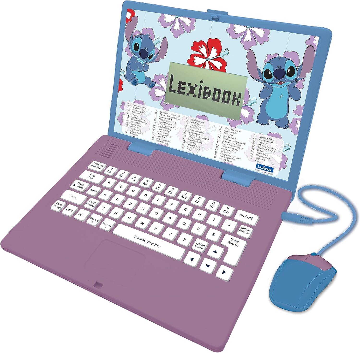 Lexibook JC598Di1 Disney Stitch-Bilingual English/French Educational Laptop, 124 Language Activities, Writing, Maths, Logic, Music and Games, Boys and Girls, Blue/Purple, Medium