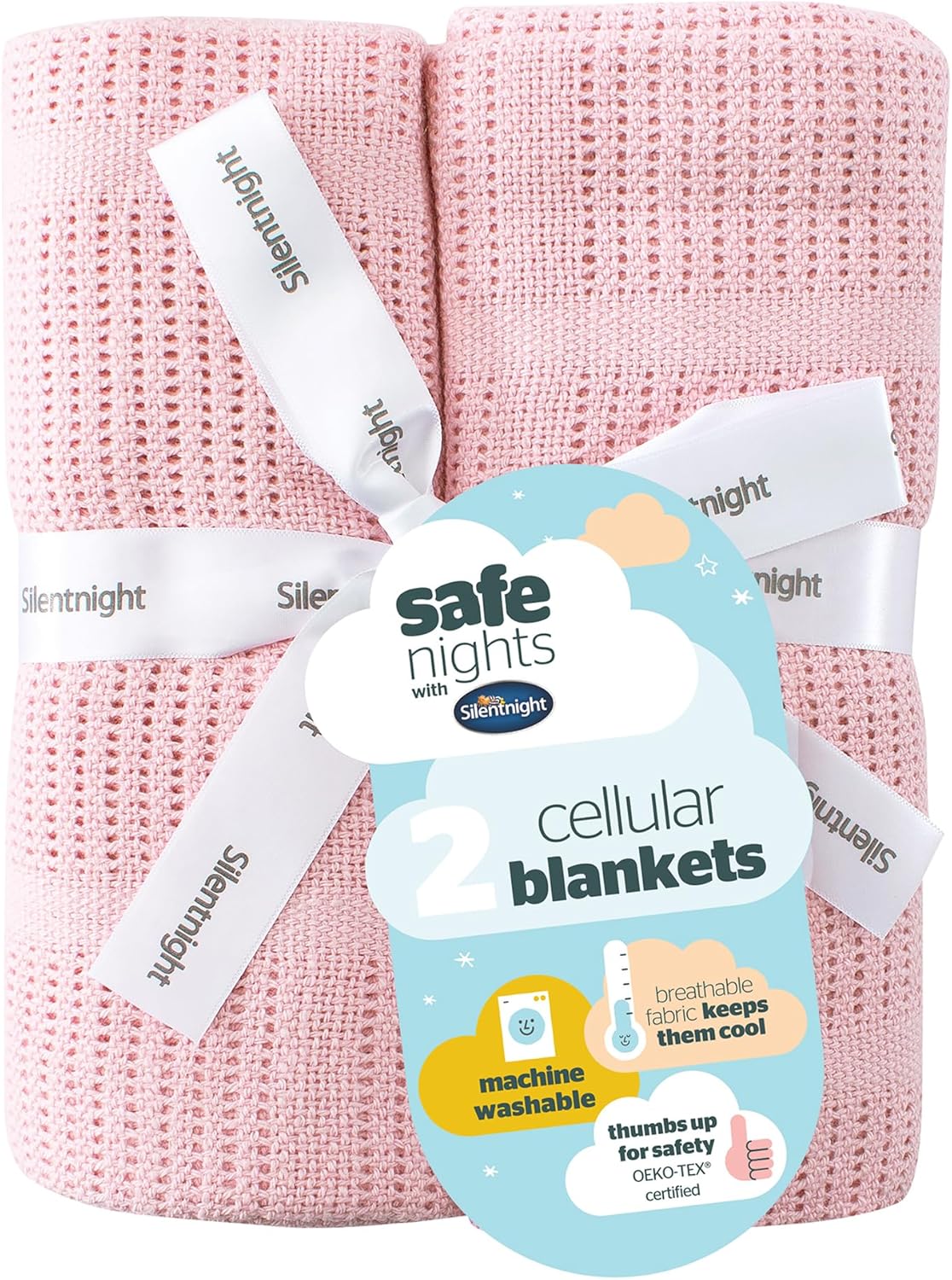 Silentnight Safe Nights Baby Blanket - Pack of 2 Soft 100% Cotton Cellular Baby Blanket for Newborn Ideal for Cot, Crib, Moses Basket and Pram - Baby Essentials - 2 Pack - Pink