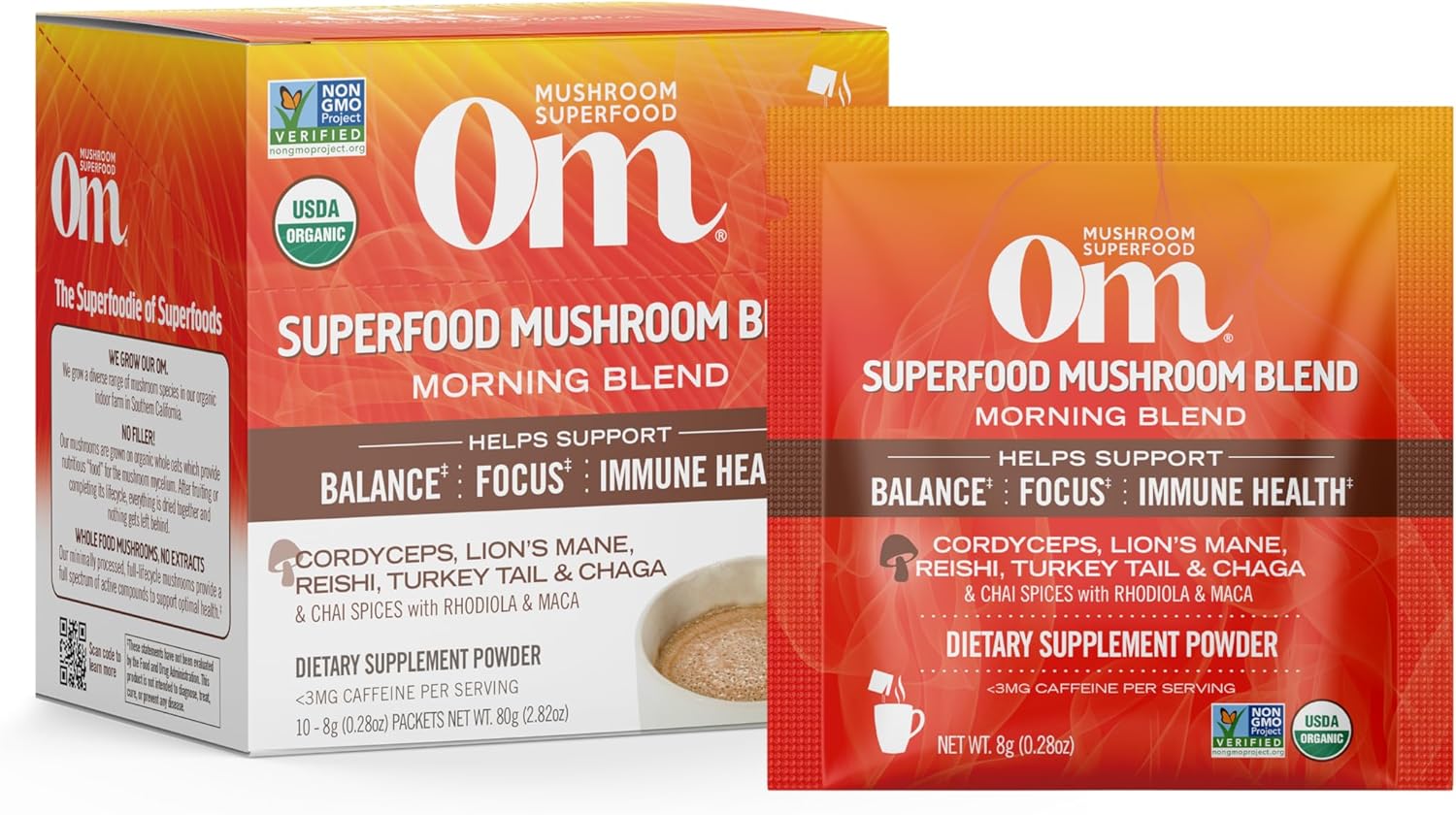 OM MUSHROOM SUPERFOOD Morning Energy Blend – Coffee-Free Mushroom Drink Mix with Cordyceps, Lion’s Mane, Rhodiola & Vitamin D2 – Natural Energy, Focus & Endurance Support – Single Serve (10 Count)