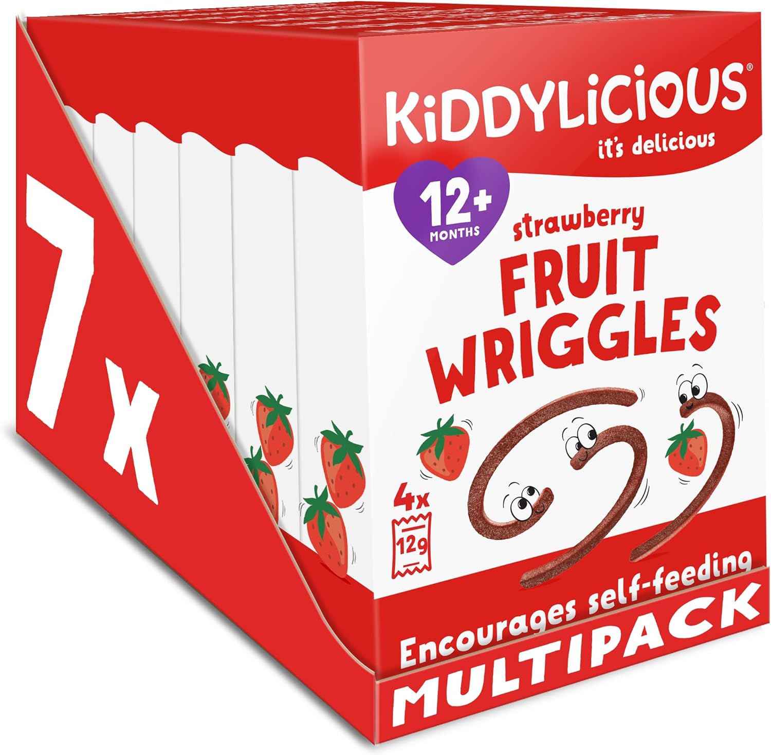 Kiddylicious Strawberry Wriggles - Delicious Real Fruit Treat for Kids - Suitable for 12+ Months - 7 Packs of 4 (28 Total)
