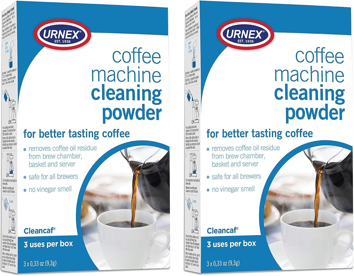 Urnex Coffee Maker and Espresso Machine Cleaner Cleancaf Powder - 2 Pack (6 Packets) - Safe on Delonghi Ninja Hamilton Beach Mr Coffee Braun and More