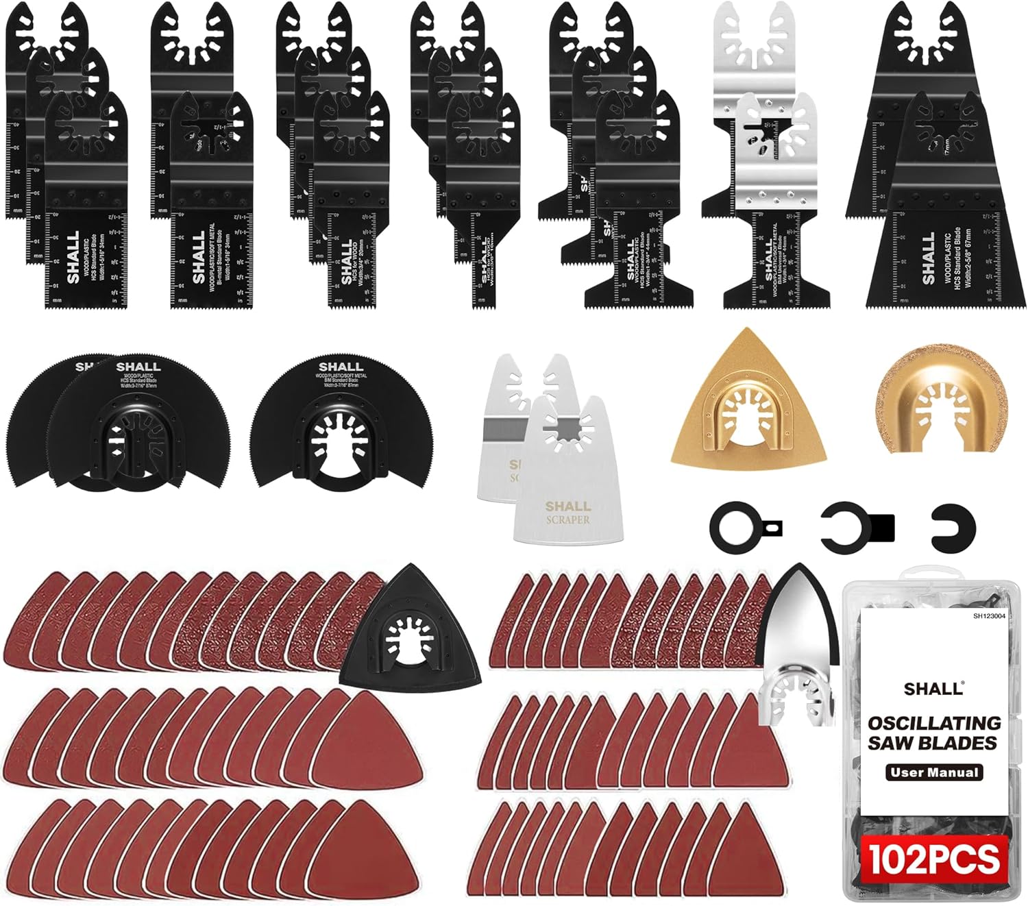 SHALL 102PCS Multitool Blades, Oscillating Multi Tool Accessories Kits, HCS & Bi-Metal Blades, Sanding Pad, Sandpaper, Scraper, Carbide Grit Rasp, Dremel/Bosch/C-Clip Adapter, Storage Case Included