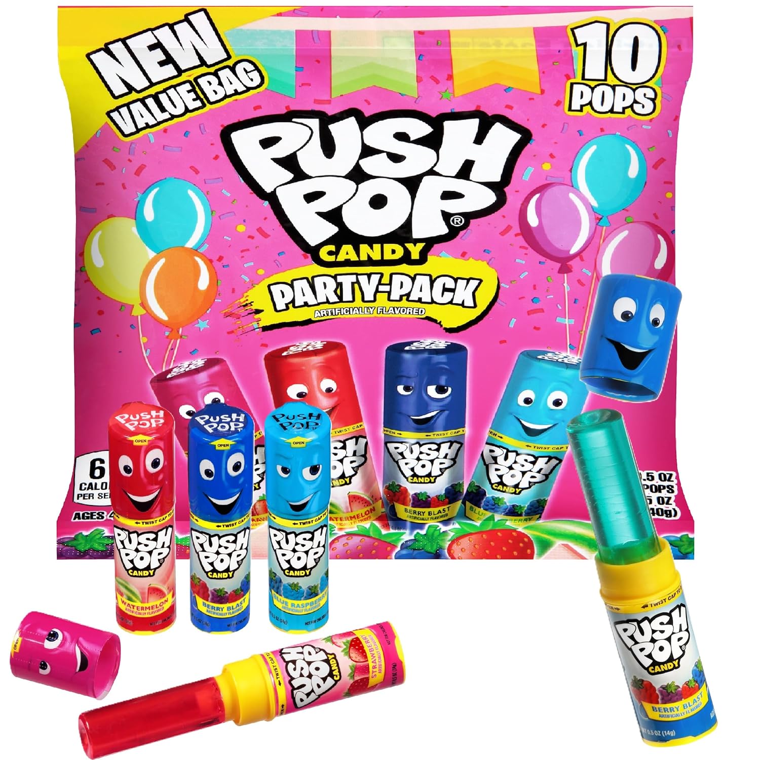 Push Pop Candy Lollipops - Individually Wrapped Variety Candy Party Pack - 10 Count Lollipops in Assorted Fruity Flavors - Fun Candy for Gifts, Celebrations, Party Favors, Gift Baskets, & Birthdays
