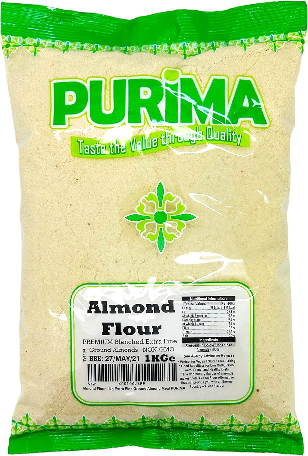 Almond Flour 1KG – Extra Fine - Finely Ground Almonds 1 KG Meal Premium Natural Blanched Powder Low Carb Gluten Free Baking Primal Keto Bread Paleo Diets Vegan PURIMA - Bulk Packaging