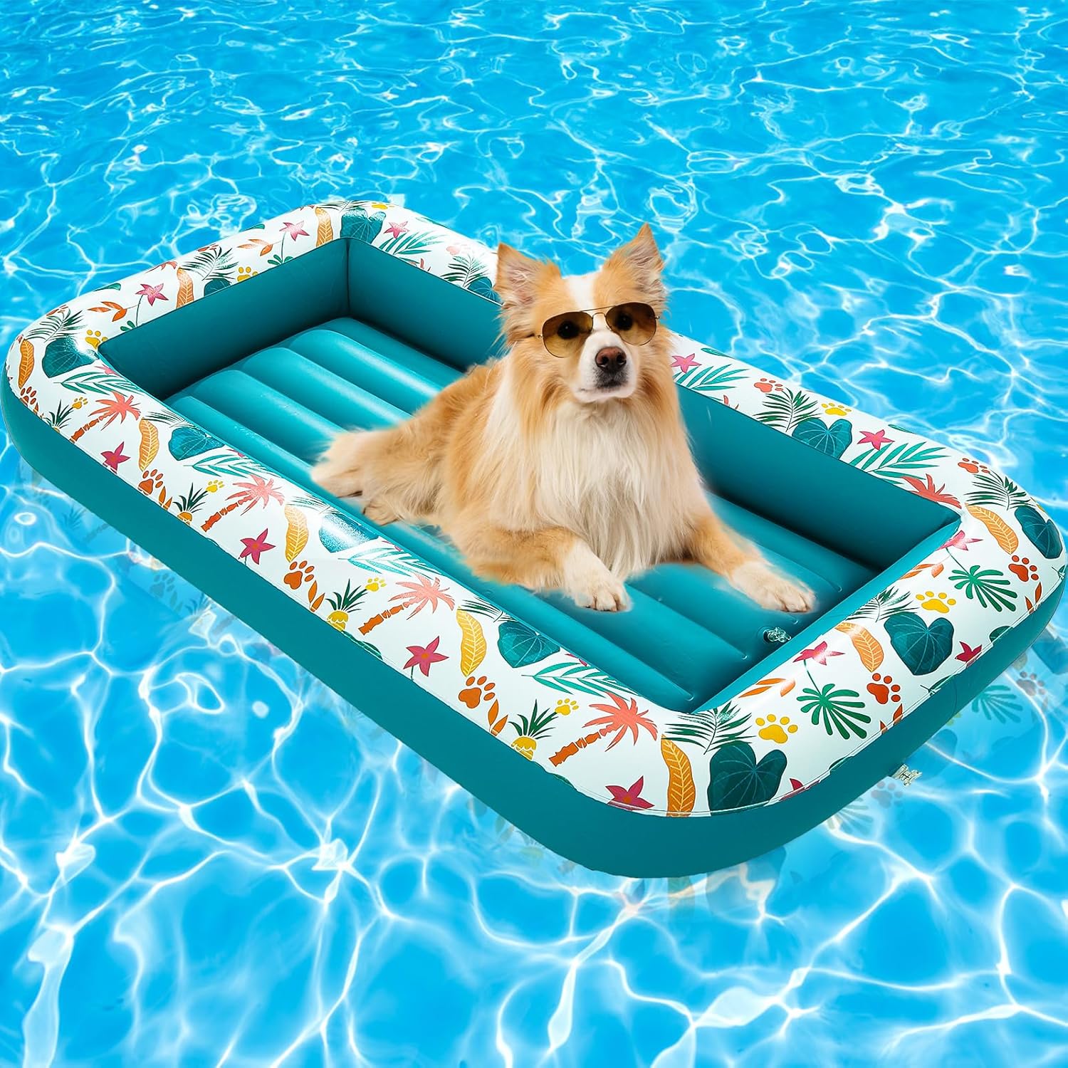 BINGPET Inflatable Dog Floating Raft for Summer Pool, Durable and Foldable Pet Pool Rafts & Inflatable Ride-ons, with Cute Footprint and Bone Patterns, Hold Up to 100 pounds (Hawaii)