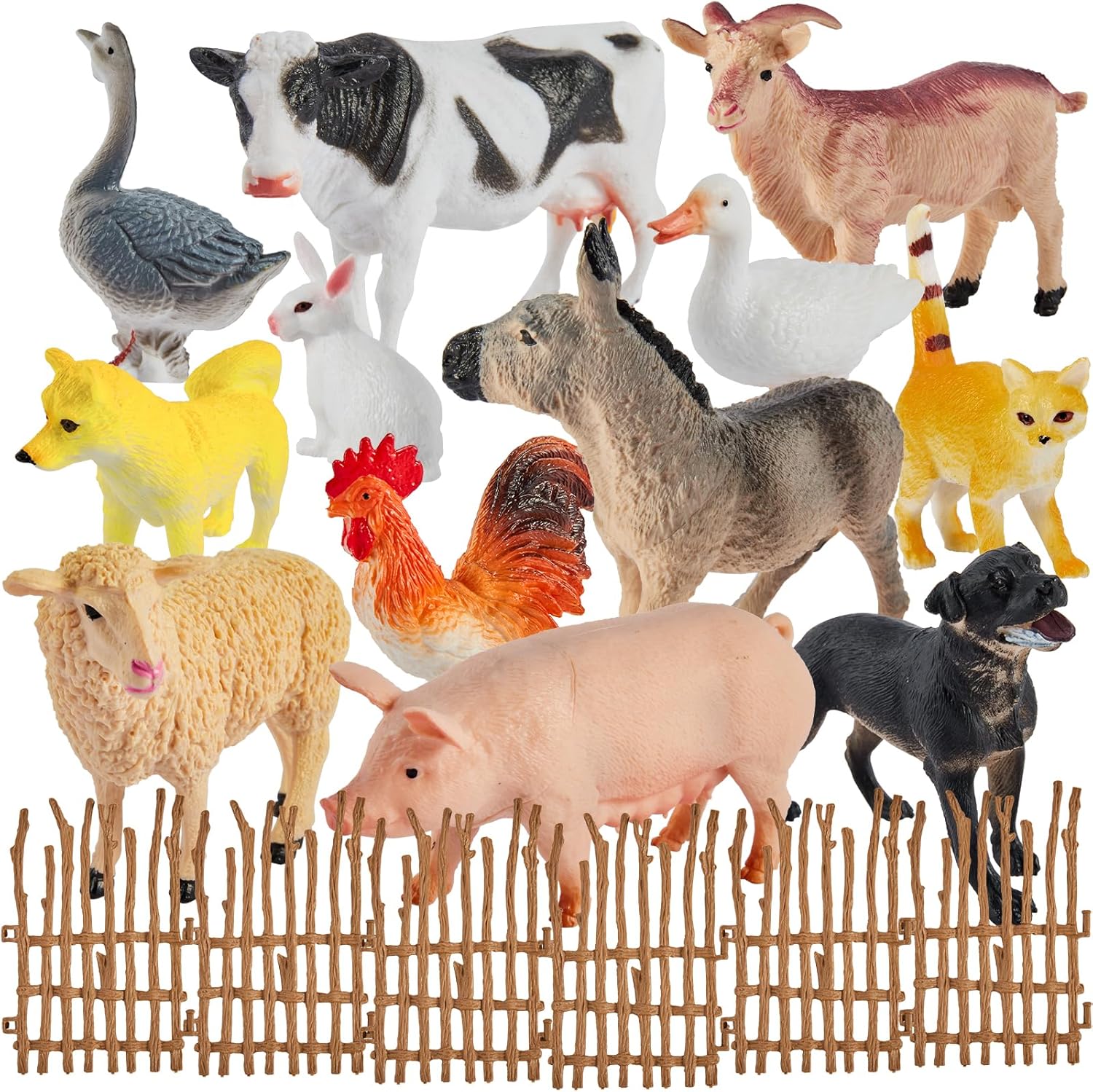BUYGER Kids Farm Animals Toys for 3 Years Olds, Large and Mini Size Animals Figurines Set with Assemble Fence, Realistic Plastic Farmyard Toys Gifts for Kids Toddler Boys Girls