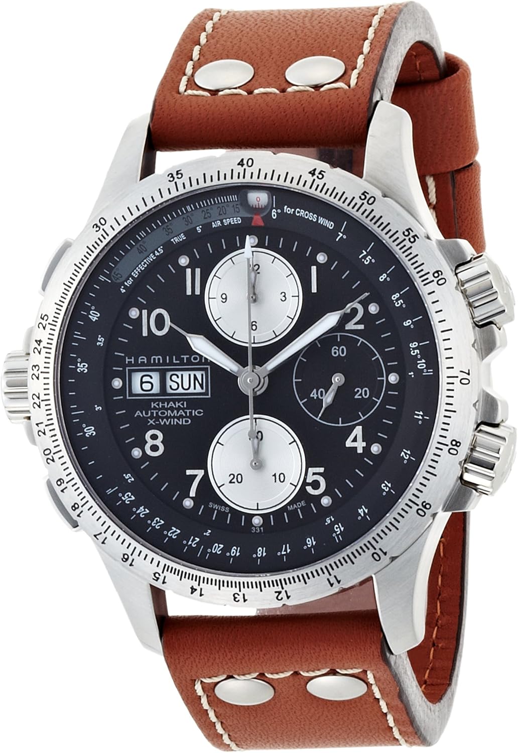 Hamilton Watch Khaki Aviation X-Wind Auto Chrono | Swiss Made | 44mm Stainless Steel Case | Black Dial Analog Watch | Brown Leather Strap (Model: H77616533)
