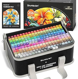 Shuttle Art 205 Colors Dual Tip Alcohol Markers, 204 Colors Permanent Marker Plus 1 Blender 1 Marker Pad 1 Case and Color Chart for Kids Adult Artist Drawing Coloring Books Sketching Card Making