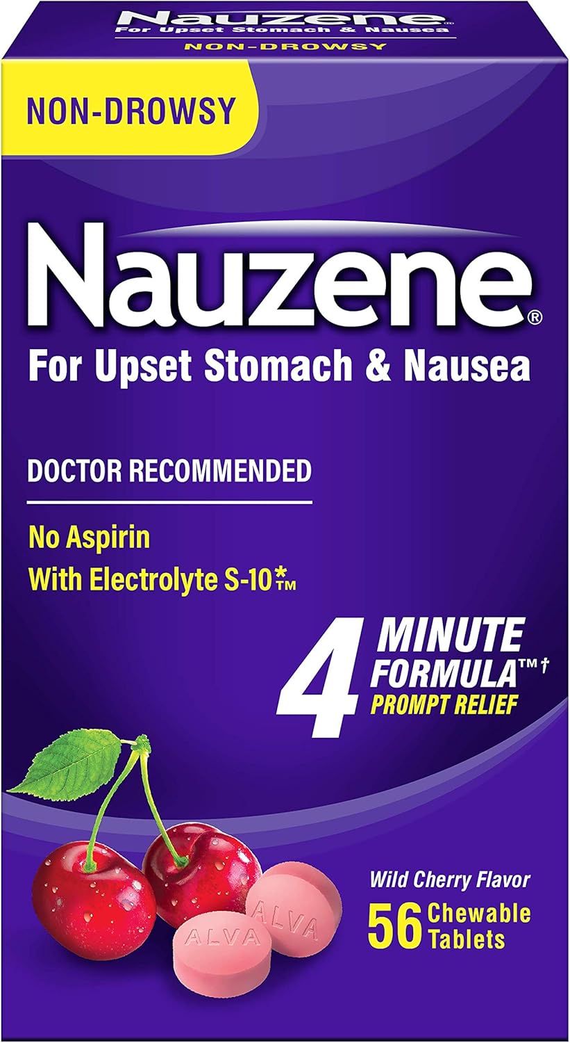 Nauzene Non-drowsy Upset Stomach & Nausea Relief Chewable Tablets - Fast-Acting Relief in 4 Minutes - Doctor Recommended - Wild Cherry Flavor, 56 ct
