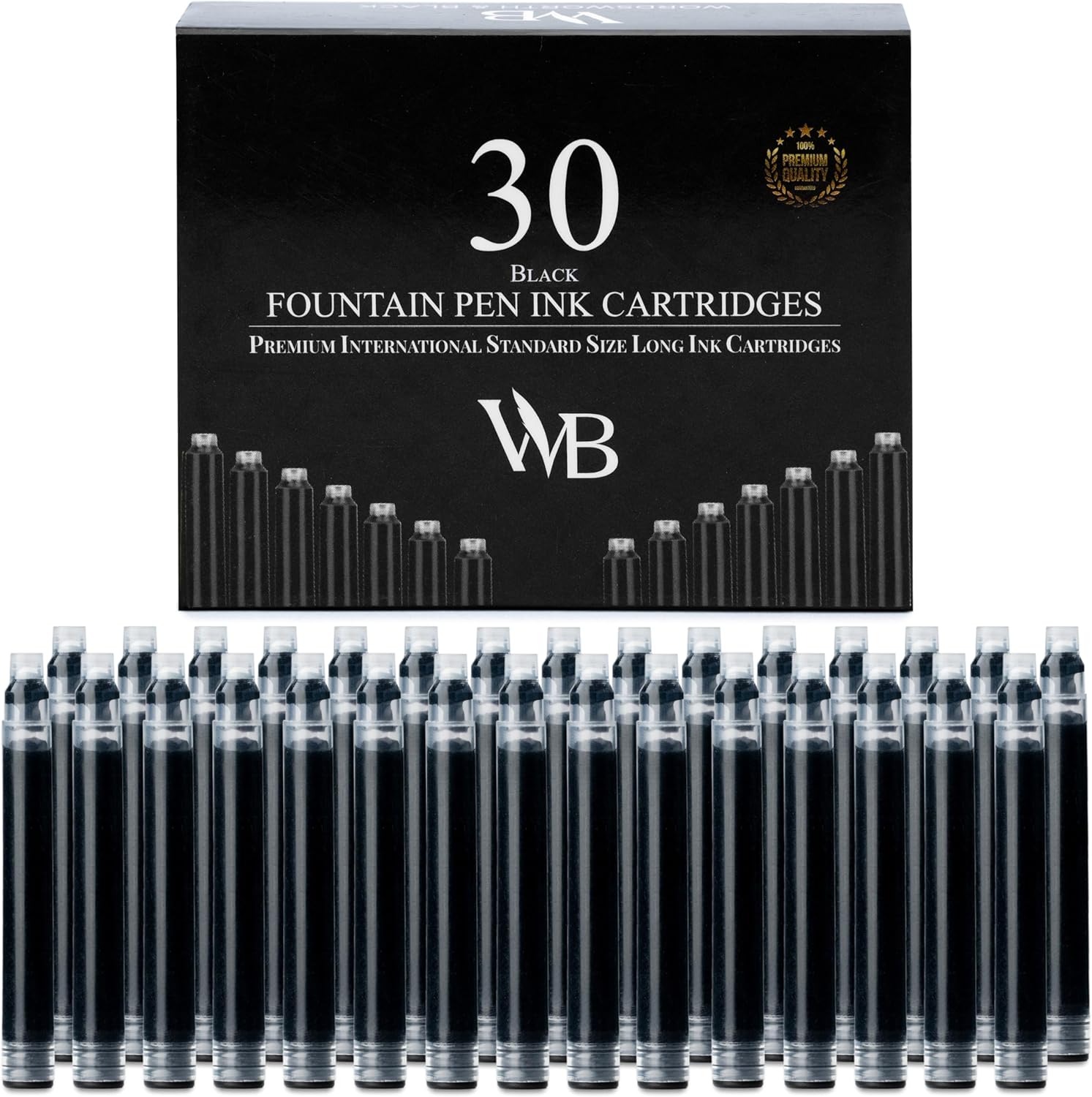 Wordsworth & Black 30 Pack Fountain Pen Ink Refills - Set of 30 Black Ink Cartridges - International Standard Long Size - Length APPR 2.3" - Base Diameter APPR 0.24" - Disposable and Generic