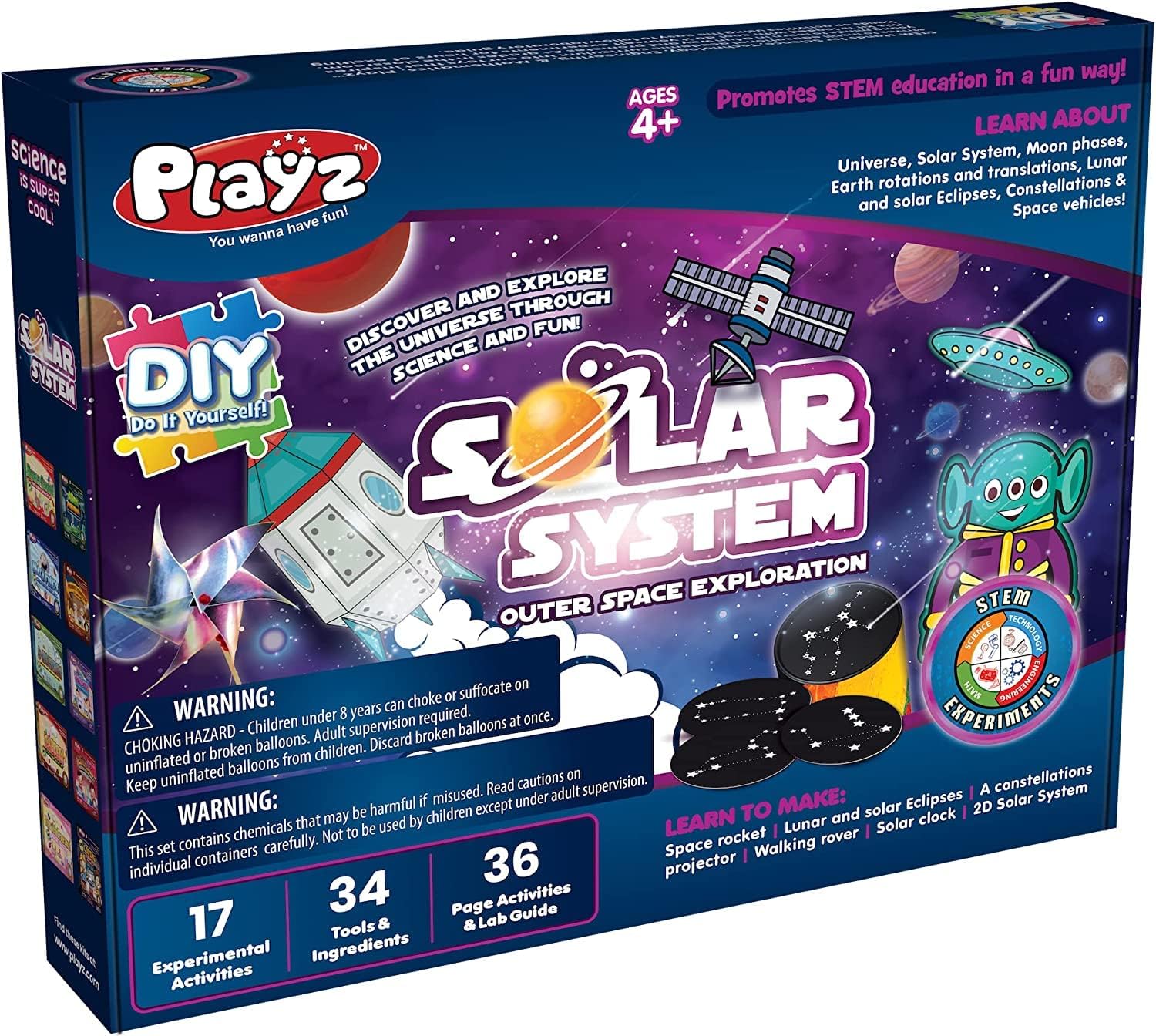 Playz Solar System for Kids Exploration Kit - 17 Outer Space STEM Experiments & Science Toys for Kids Ages 4-12 - Make DIY Rockets, Eclipse, Constellation Projector, 2D Solar System Model, Planet Toys