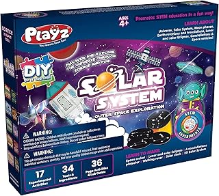 Playz Solar System for Kids Exploration Kit - 17 Outer Space STEM Experiments & Science Toys for Kids Ages 4-12 - Make DIY Rockets, Eclipse, Constellation Projector, 2D Solar System Model, Planet Toys