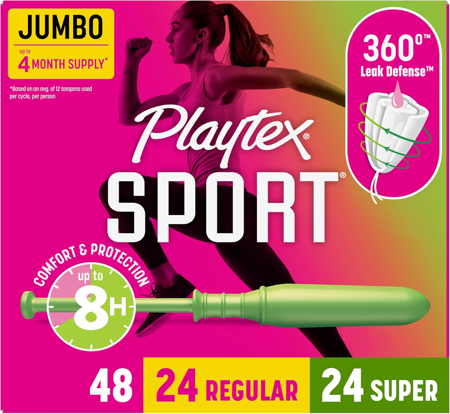Playtex Sport Tampons Multipack (24ct Regular/24ct Super), Fragrance-Free - 48ct | Tampons Regular and Super, Playtex Tampon Multipack, Feminine Care with 360 Leak Defense