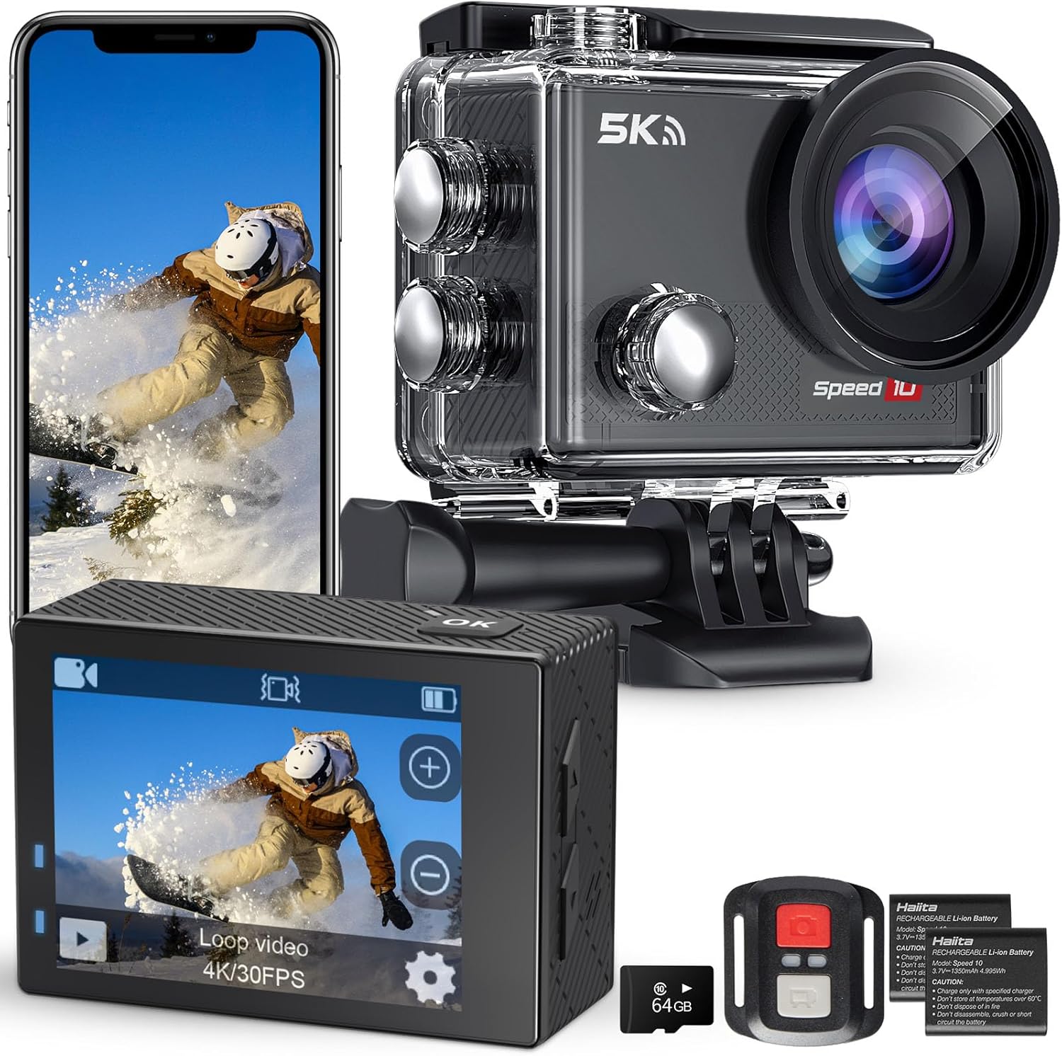 Action Camera 5K 30FPS Waterproof Camera Underwater 131 FT with EIS, Remote Control Speed 10 Sports Camera 5X Zoom with 64GB Card, 2x1350mAh Battery