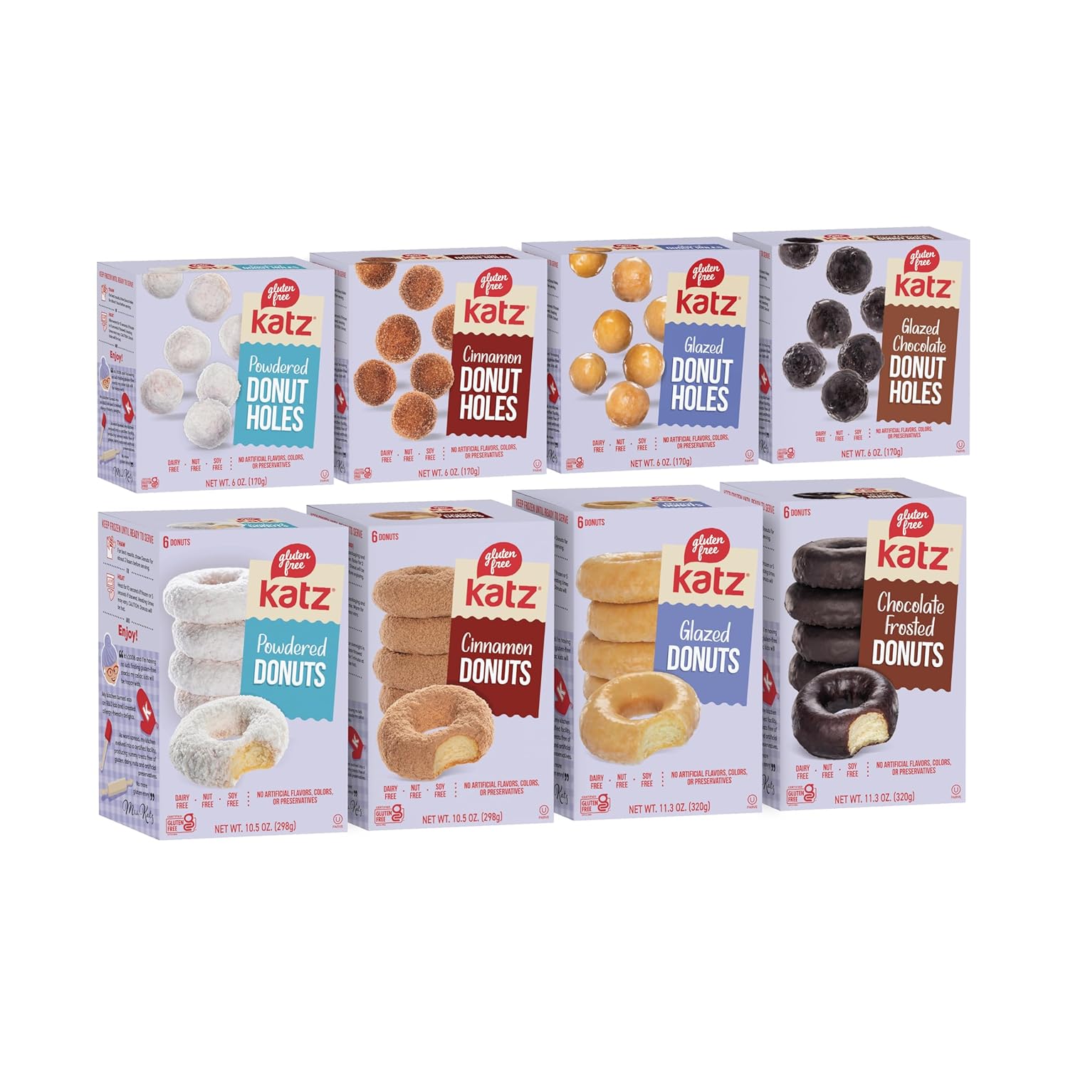 Katz Gluten Free Donuts & Donut Holes Top 8 Flavors, Powdered, Glazed, Cinnamon, and Glazed Chocolate. Free of Dairy, Soy, Tree Nuts, and Peanuts, Kosher (8 pk)