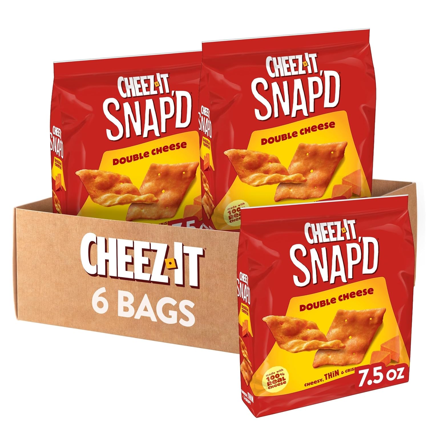 Cheez-It Snap'd Cheese Cracker Chips, Thin Crisps, Lunch Snacks, Double Cheese, 45oz Case (6 Bags)