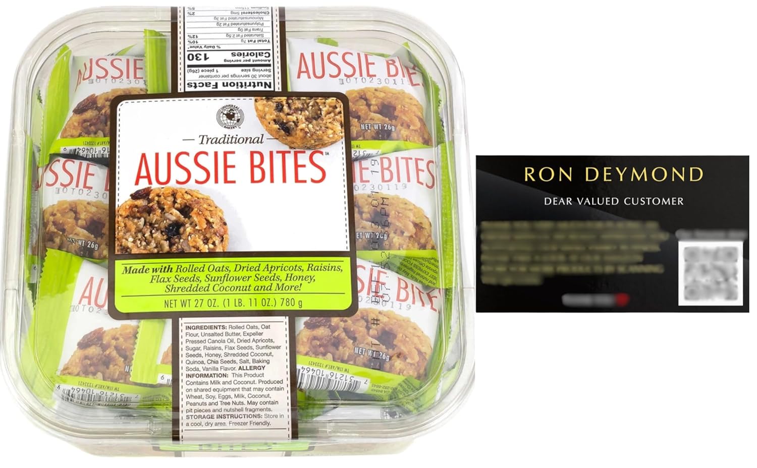 Traditional Aussie Bites Individually Wrapped 27 Oz, Oatmeal snacks cookies, Healthy Oatmeal Bites with RON DEYMOND Card
