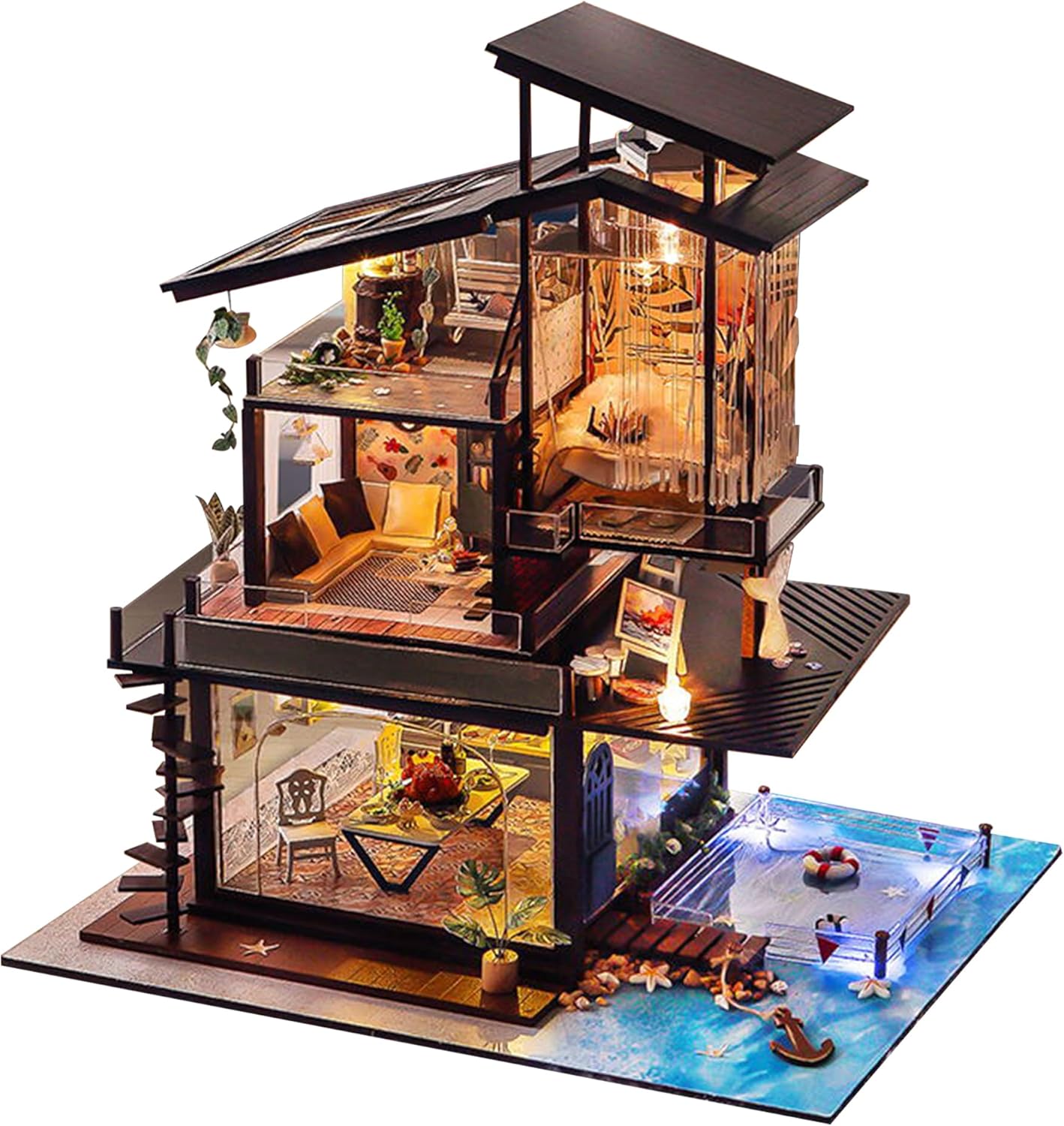 Kisoy Miniature DIY Dollhouse Kit with Furniture Accessories Creative Gift for Lovers and Friends (Valencia Coast) with Dust Proof Cover and Music Movement