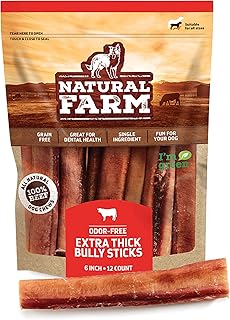 Natural Farm Odor Free Jumbo Bully Sticks (6 Inch, 12 Pack), Extra-Thick Dog Treats – Fully Digestible 100% Beef Treats, Natural Dental Chews – Keep Your Dog Busy with 50% Longer Lasting Chews