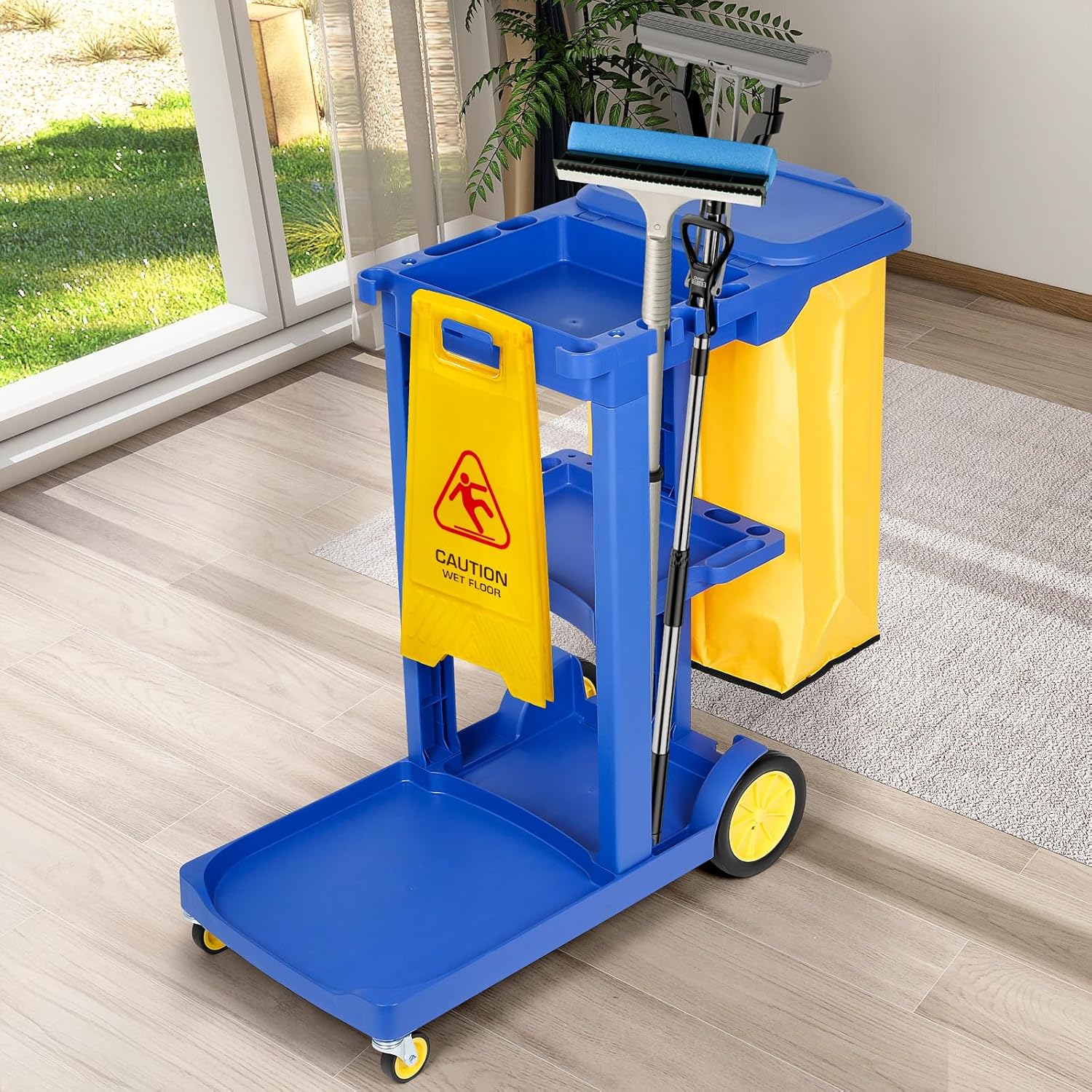 mosegor Commercial Cleaning Trolley Janitor-Housekeeping Cart on Wheels Vinyl Bag and Lid 3 Shelves Multipurpose Janitorial cart Heavy Duty Cleaning Utility Service for Catering Mall Hotel Office